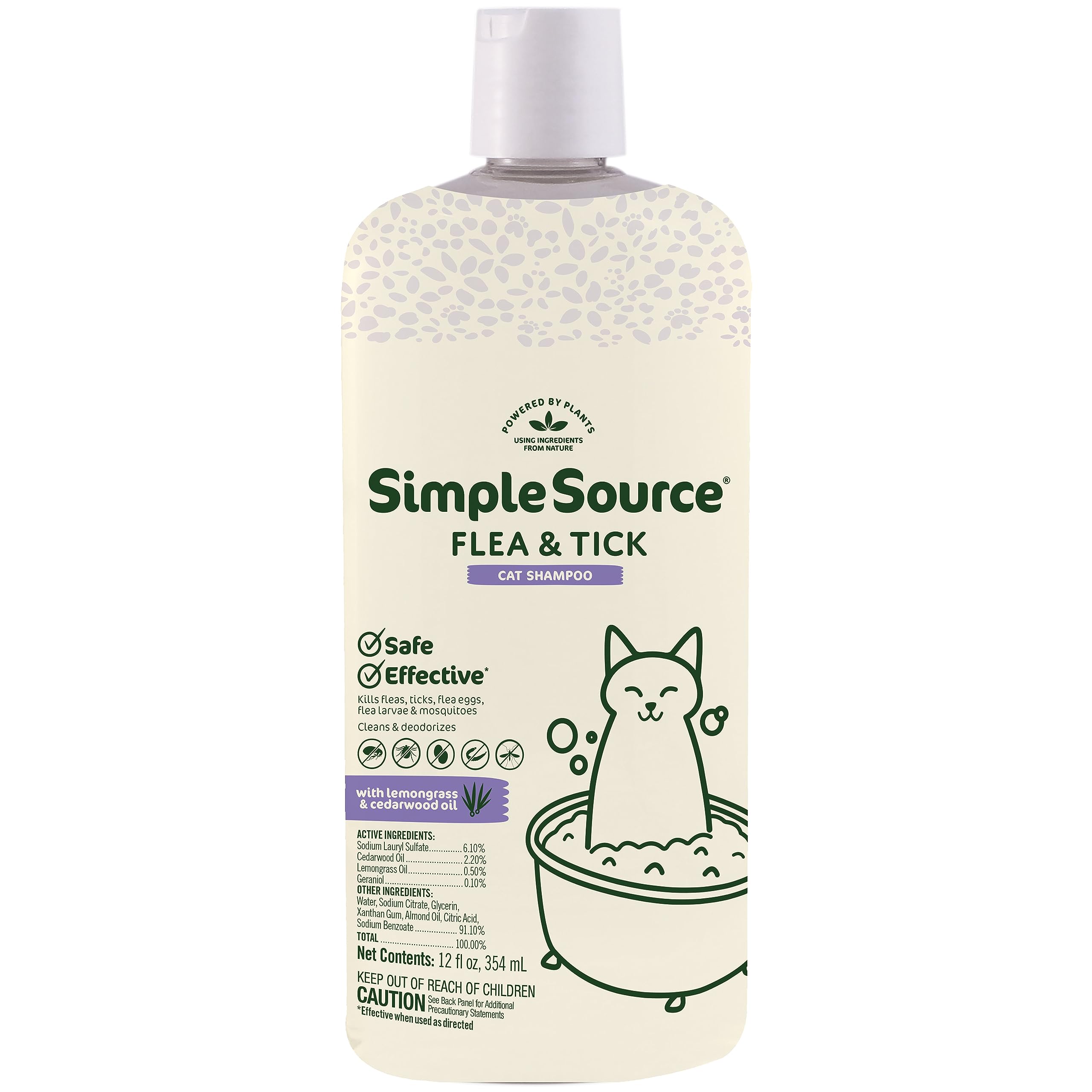 SimpleSource Flea & Tick Shampoo for Cats, Powered by Plants, Kills Fleas, Flea Eggs, Flea Larvae, Ticks, & Mosquitos, Cleans & 