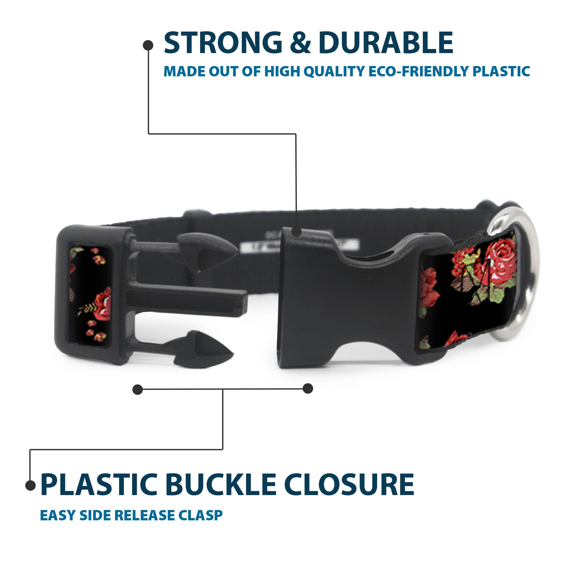 Buckle-Down 9-15'' Red Roses Scattered Black Plastic Clip Collar, Small