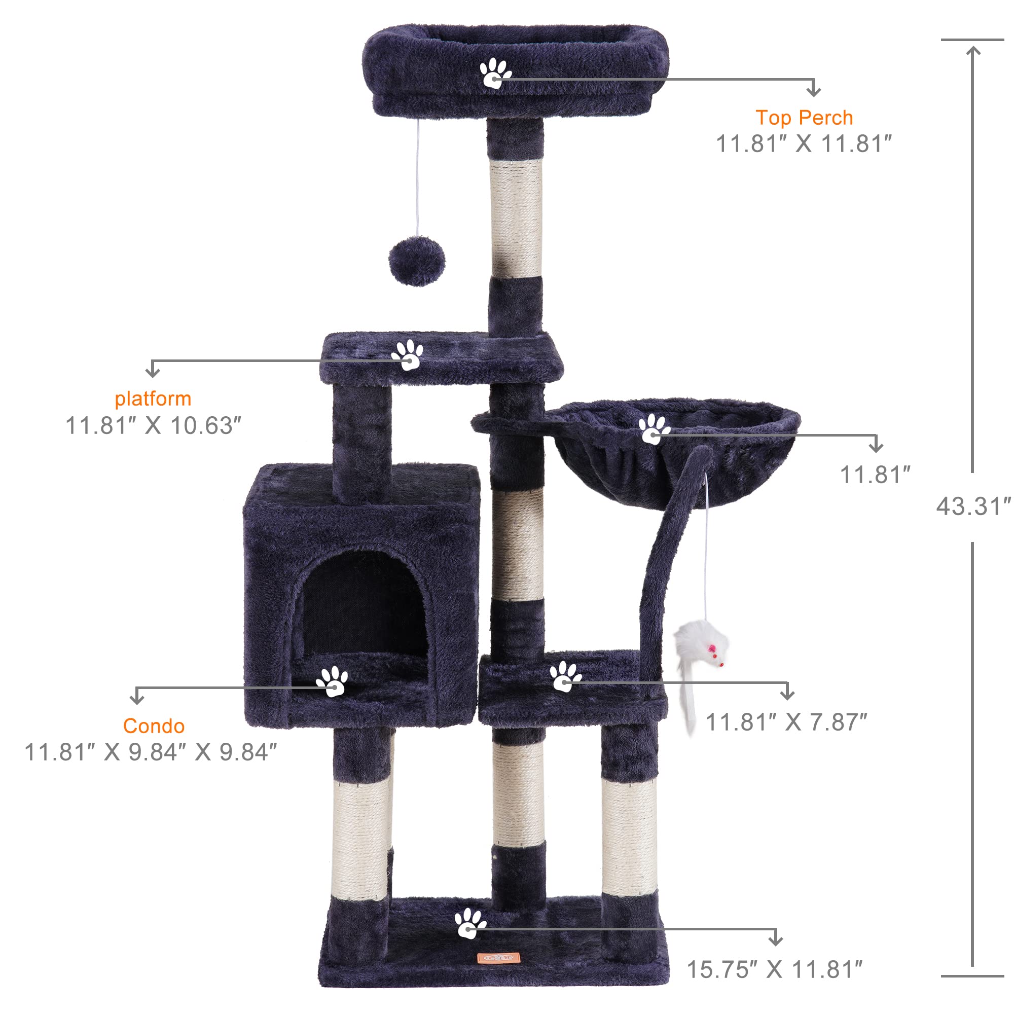 Heybly Cat Tree With Toy, Cat Tower Condo For Indoor Cats, Cat House With Padded Plush Perch, Cozy Hammock And Sisal Scratching Posts, Smoky Gray Hct004Sg
