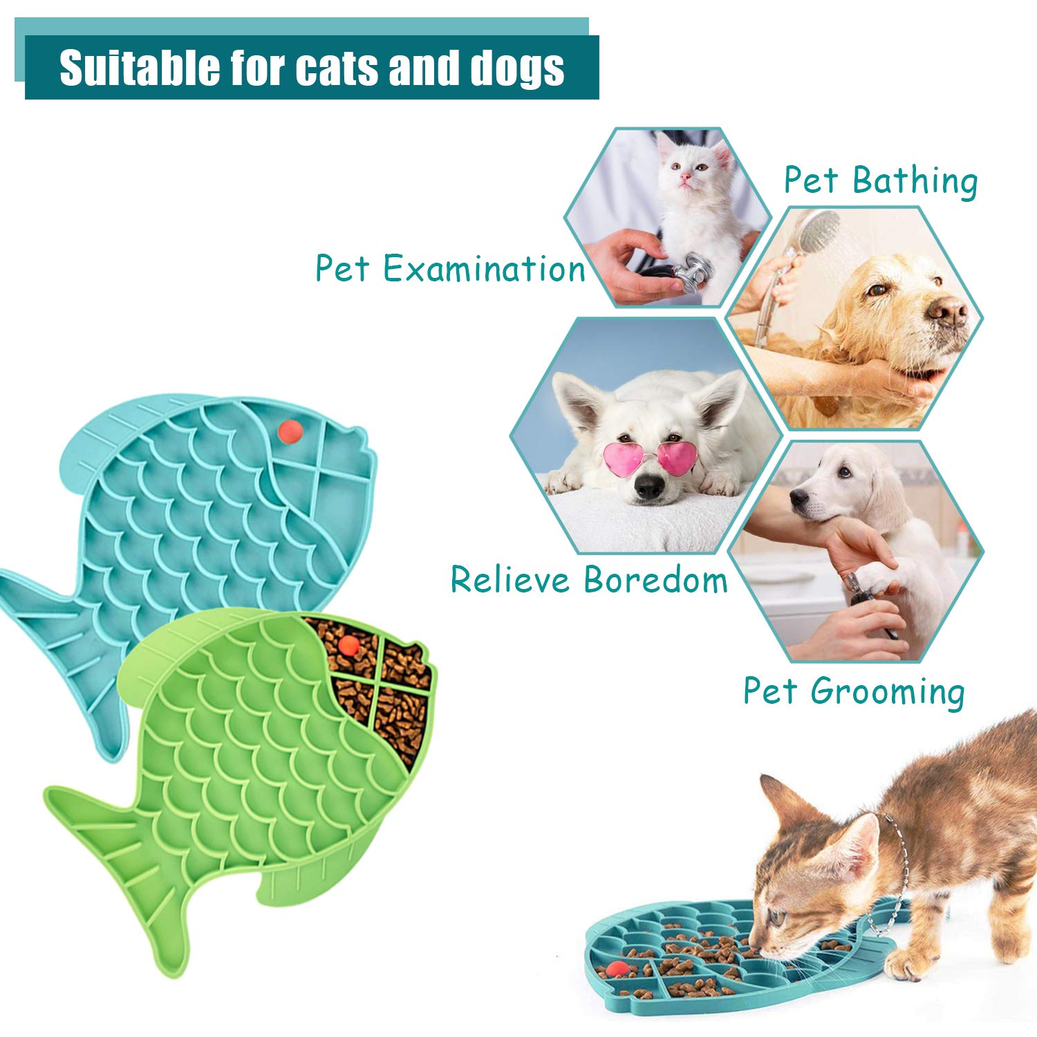 DLDER Cat Lick Treat Mat, 2 Pack Fish-Shaped Puzzle Feeder for Cats & Dogs, Anxiety Relief, Fun Alternative to Slow Feeder (Blue