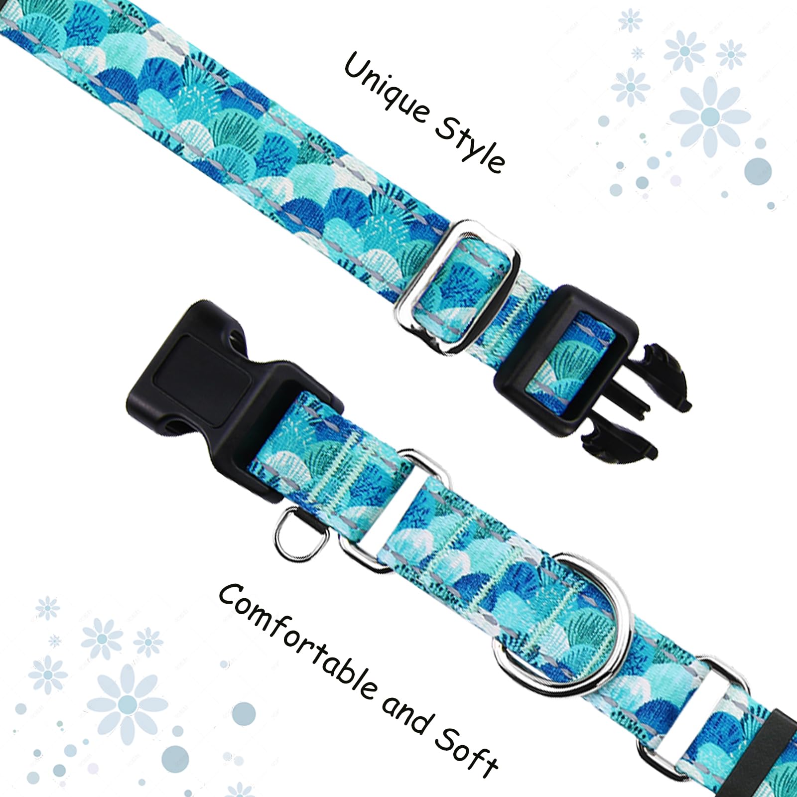 Fidohug Reflective Martingale Collar With Buckle Adjustable Nylon Training Pet Collars For Large Dogs (Turquoise Shell, L)