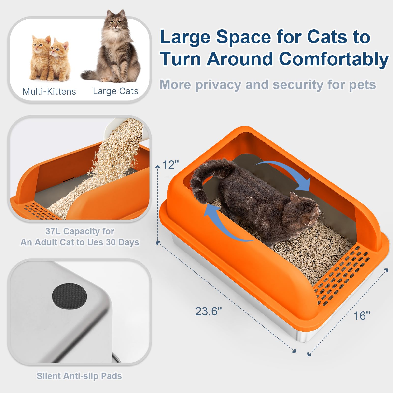 SuzziPaws Extra Large Stainless Steel Litter Box for Big Cats, 6” Deep, Orange & Silver, Model CP-MLB01OR, Anti-Leakage, Easy Cleaning