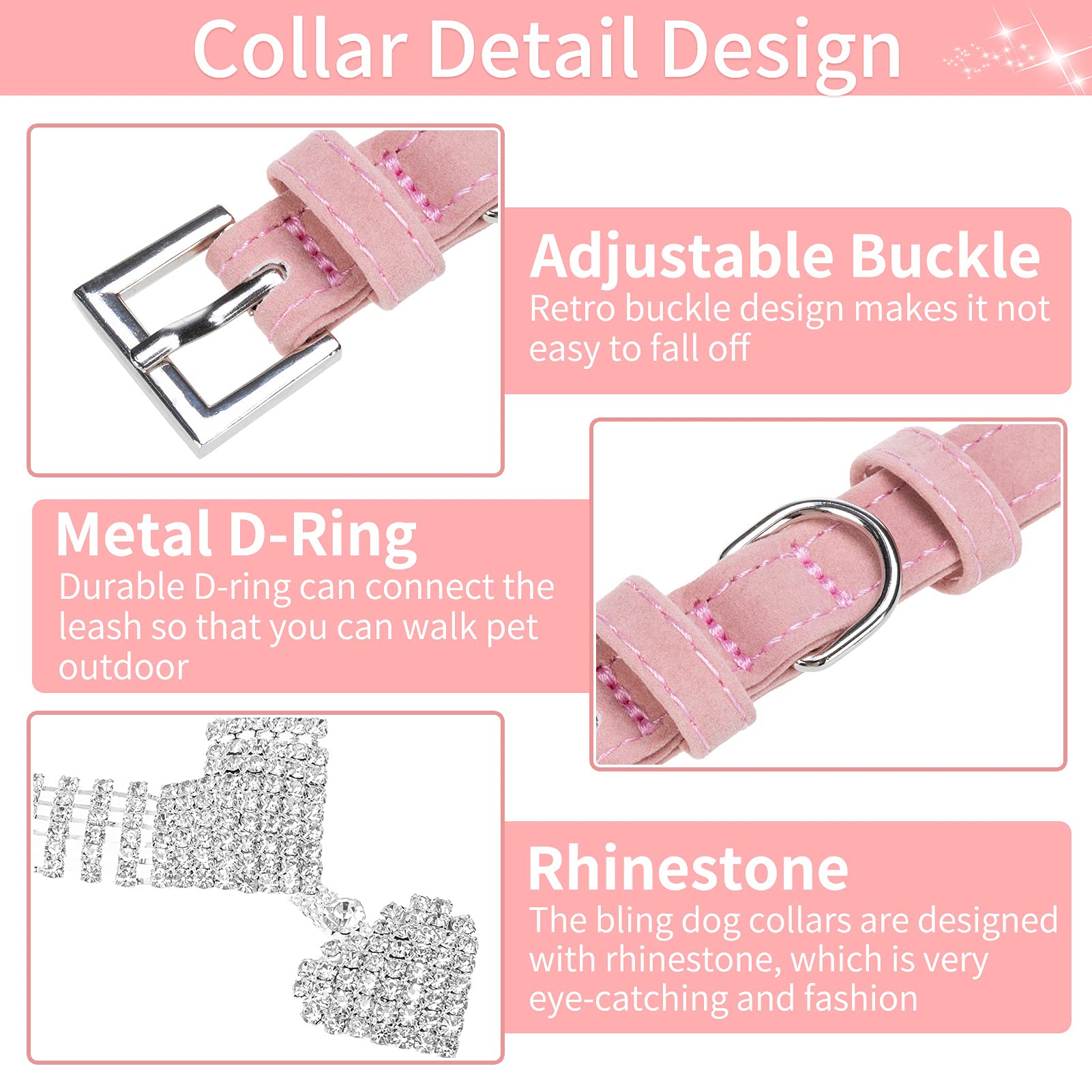 Expawlorer Cute Dog Necklace - Rhinestone Dog Collar, Soft Velvet Collar For Girl Boy Cats Dogs, Sparkling Pet Neck Decoration, Adjustable Pet Collar For Puppies Cats Small Medium Dogs, Pink M