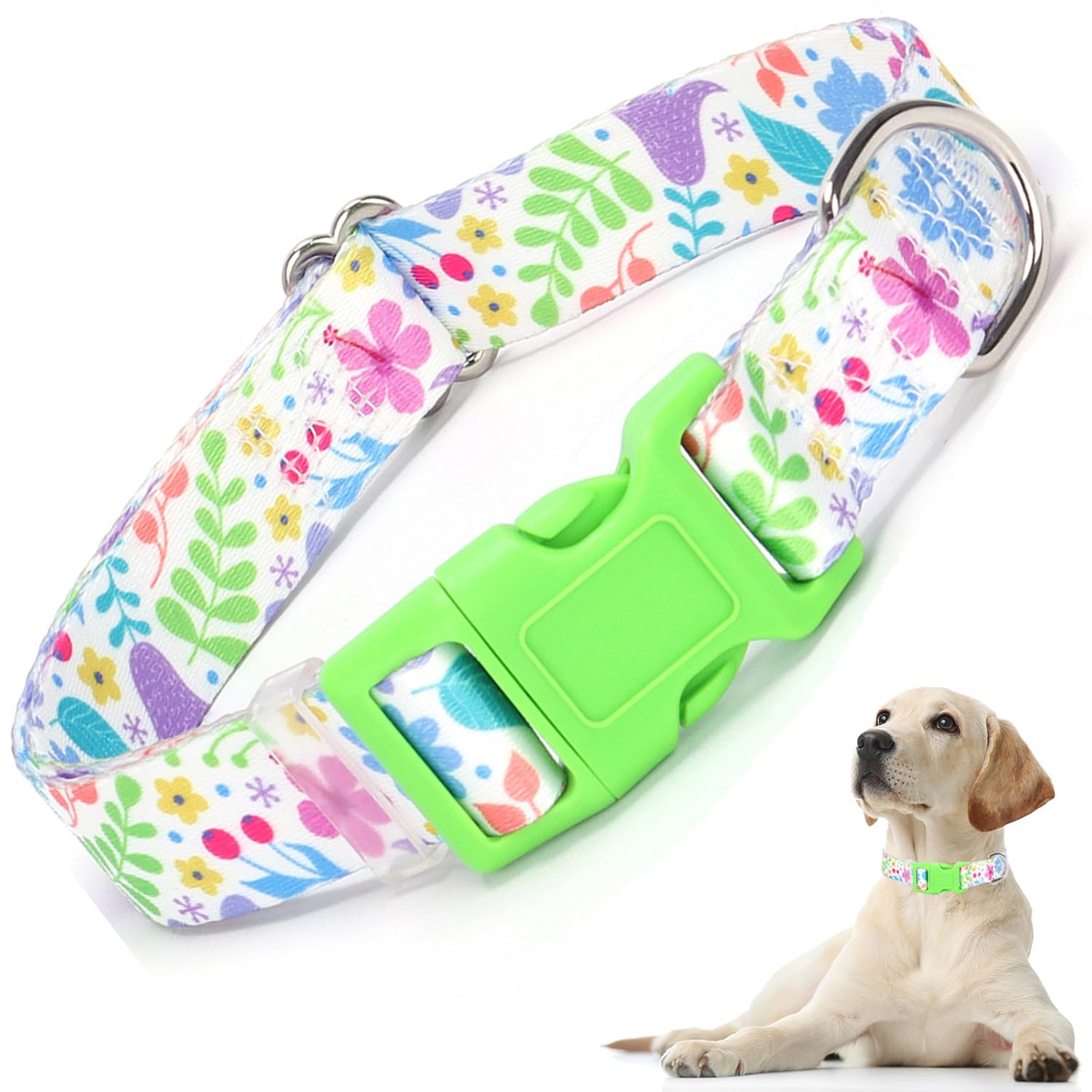 Dog Collar For Medium Dogs, Summer Floral Dog Collar With Green Flowers Patterns, Adjustable Soft Pet Collar For Small Medium La