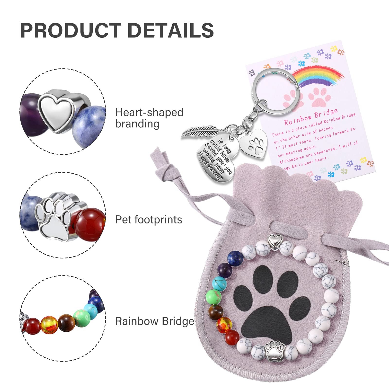 Jadive 9 Pieces Pet Memorial Gifts Set Rainbow Bridge Bracelet Pet Memorial Bracelet Dog Loss Keychain Rainbow Bridge Poem Card With Flannel Organza Bag For Women Men Kids Pet Lovers(Classic Style)