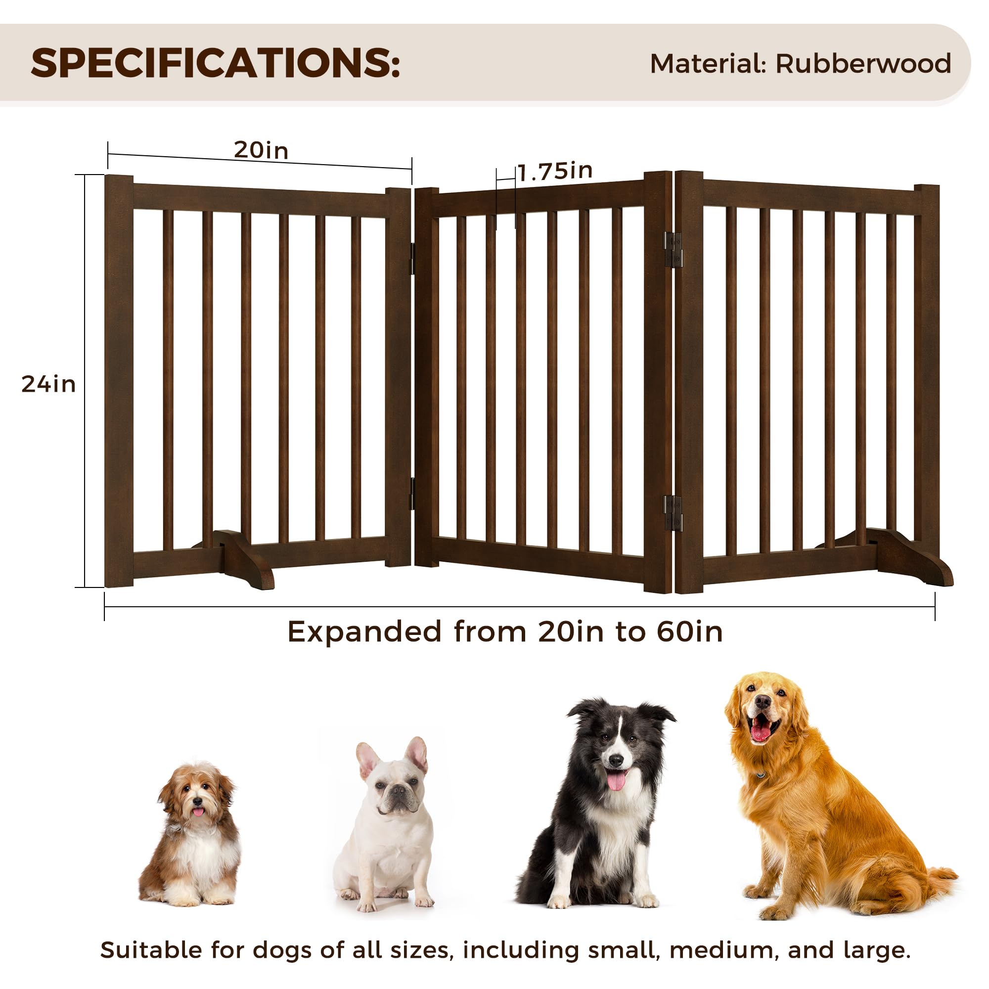 Solid Wood Freestanding Pet Gate - 3 Panels 24'' - Folding Safety Fence with 2 Support Feet - Ideal for Stairs, Doorways, Halls,