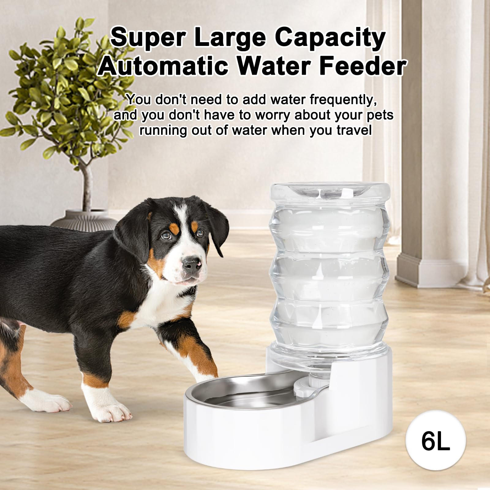 RIZZARI Automatic Pet Waterer - 6L Stainless Steel Gravity Dispenser, BPA-Free, for Cats & Small to Medium Dogs, White