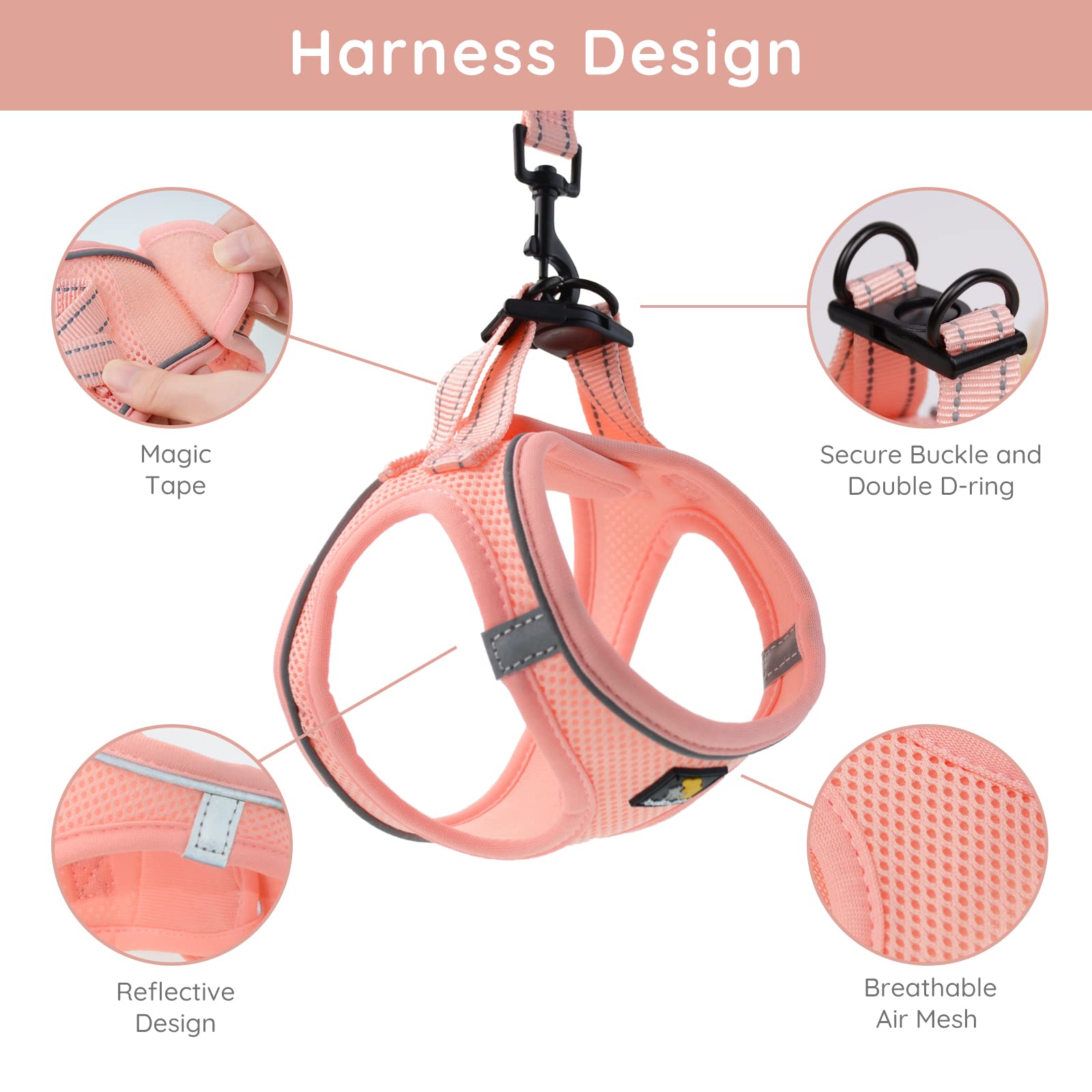 Bella & Pal Dog Harness For Small Dogs, Medium, Coral Pink, Animal Harness With Leash Set, No Pull, Step In Design, Reflective S