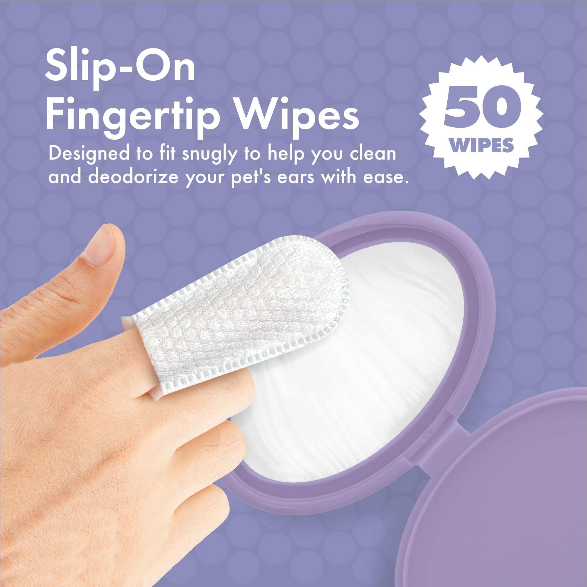 Petkin Fingertip Ear Wipes for Dogs & Cats, 50ct - Micro-Bristle Fabric, Cleans Dirt & Odor, Ideal for Home & Travel