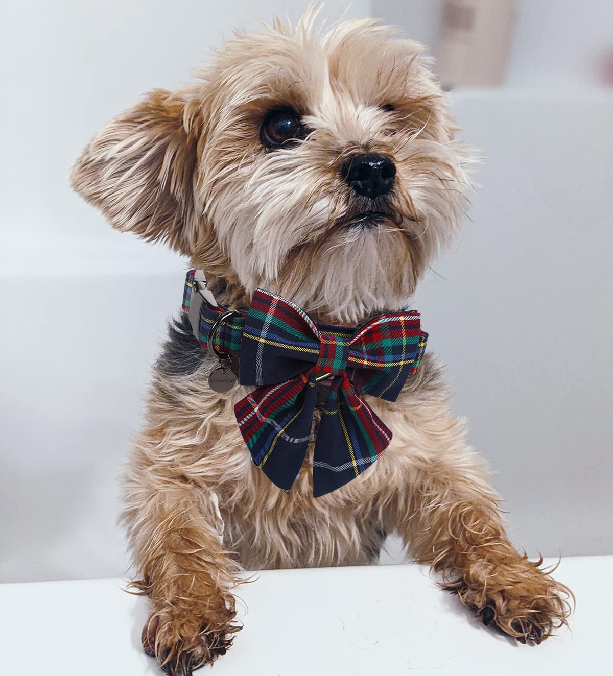 Dogwong Christmas Dog Collar With Sailor Bow Tie, Red Blue Plaid Dog Collar Soft Durable Adjustable Cotton Blue Tartan Gingham P