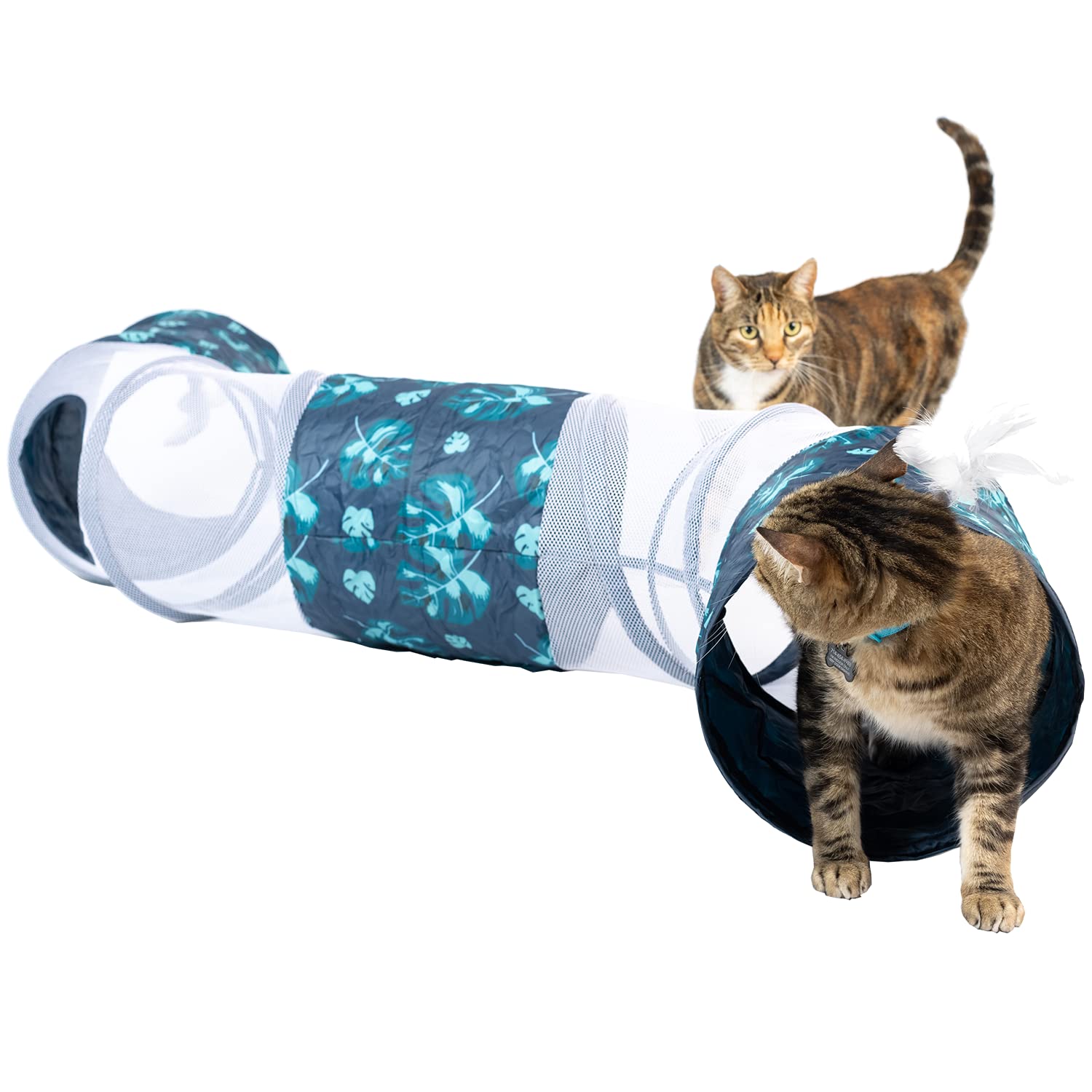 Petfusion Kittycurve Cat Tunnel, 62X10X10 (Lwh) | Interactive Cat Toy Feathers, Transparent Sections, Four Entries & Exits | Hid