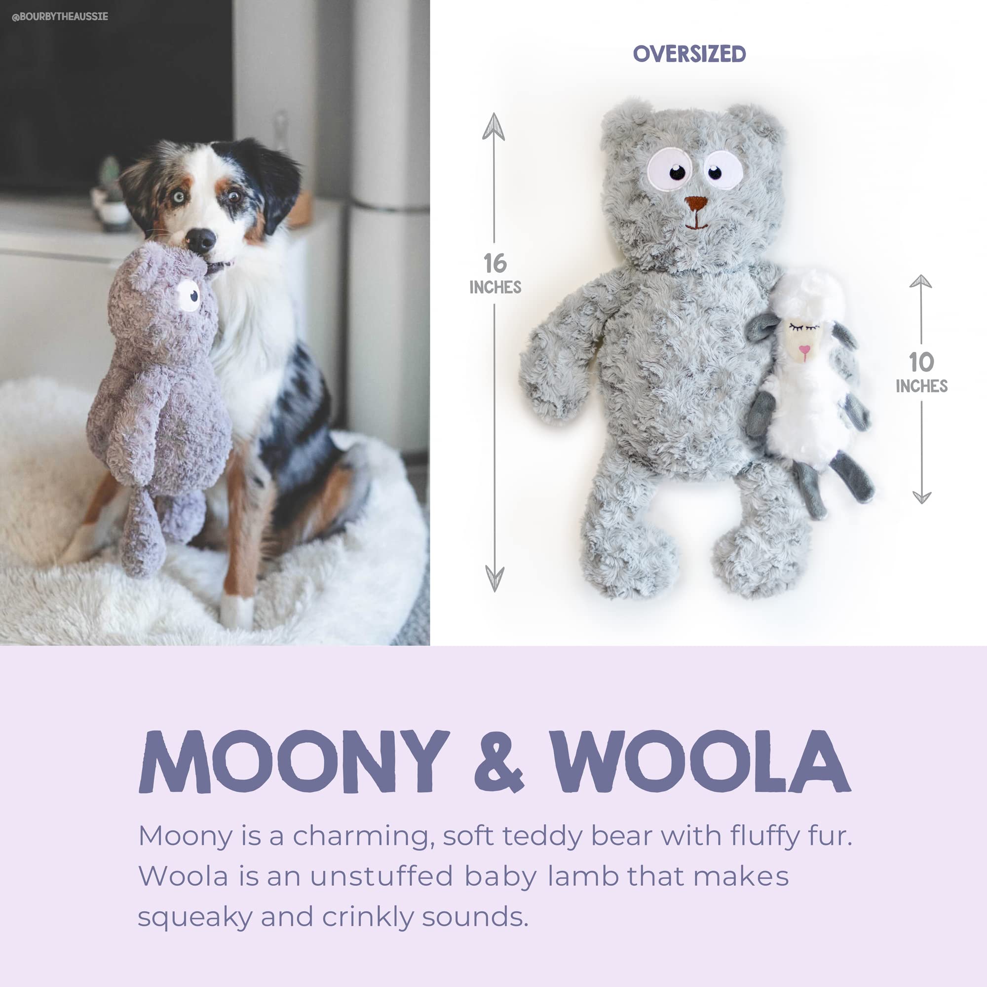 BULLTUG Plush Dog Toy Set - Squeaky Teddy Bear & Crinkle Lamb, Large, Grey and White, Soft Polyester Blend for Gentle Chewers