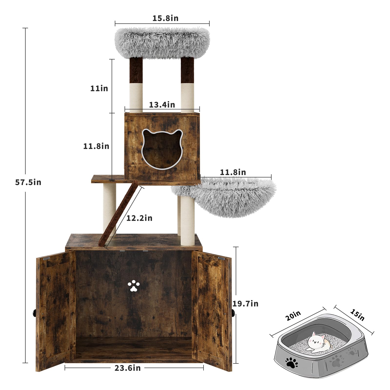 Litter Box Enclosure with Cat Tree Tower and Condo, Hidden Cat Washroom Furniture with Sisal Scratching Post & Soft Plush Perch,