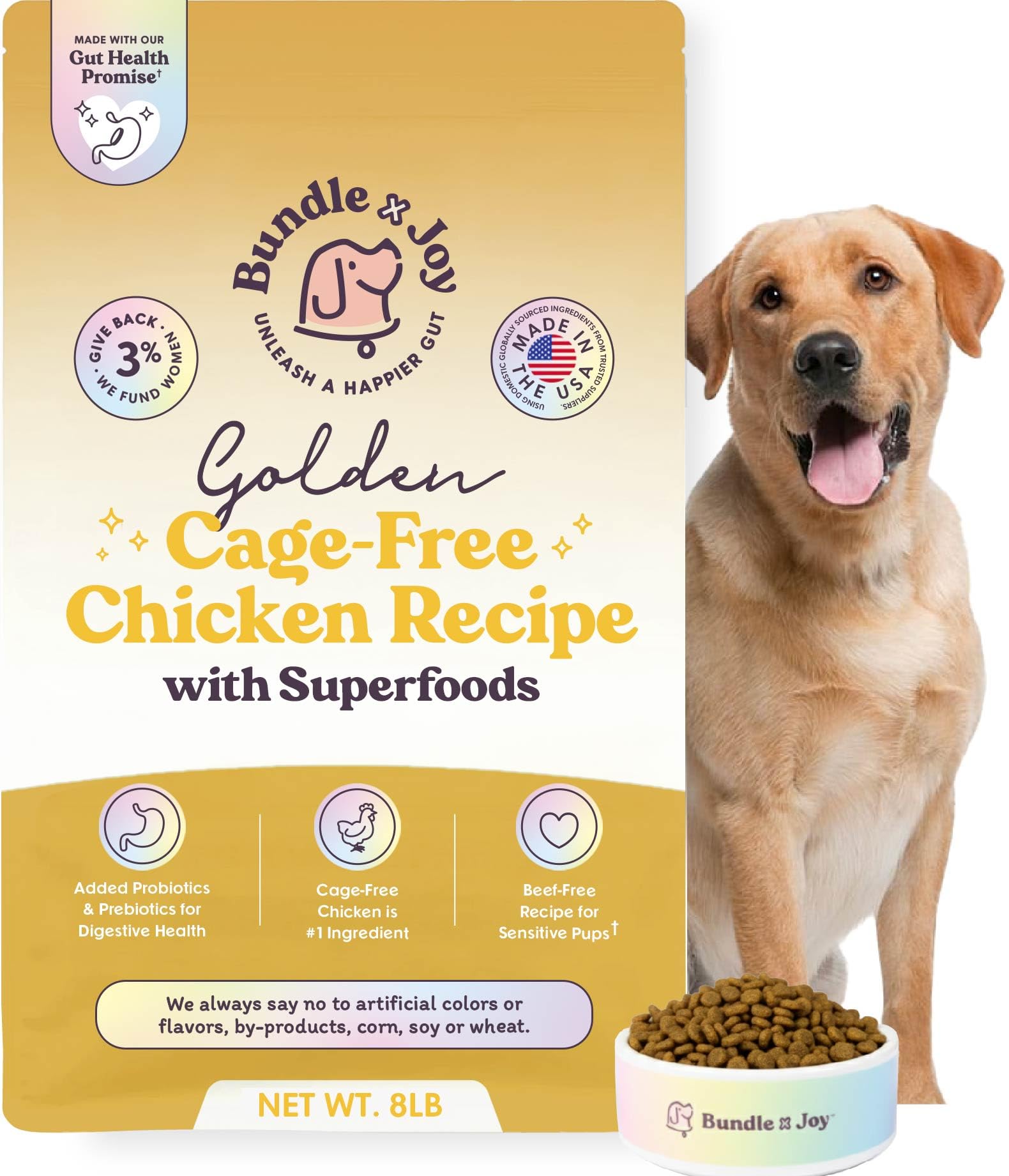 Bundle x Joy Golden Probiotic Dog Food Dry, Chicken, 8lb Bag, Allergy and Gut-Friendly Adult Kibble for Digestive Health with Ca