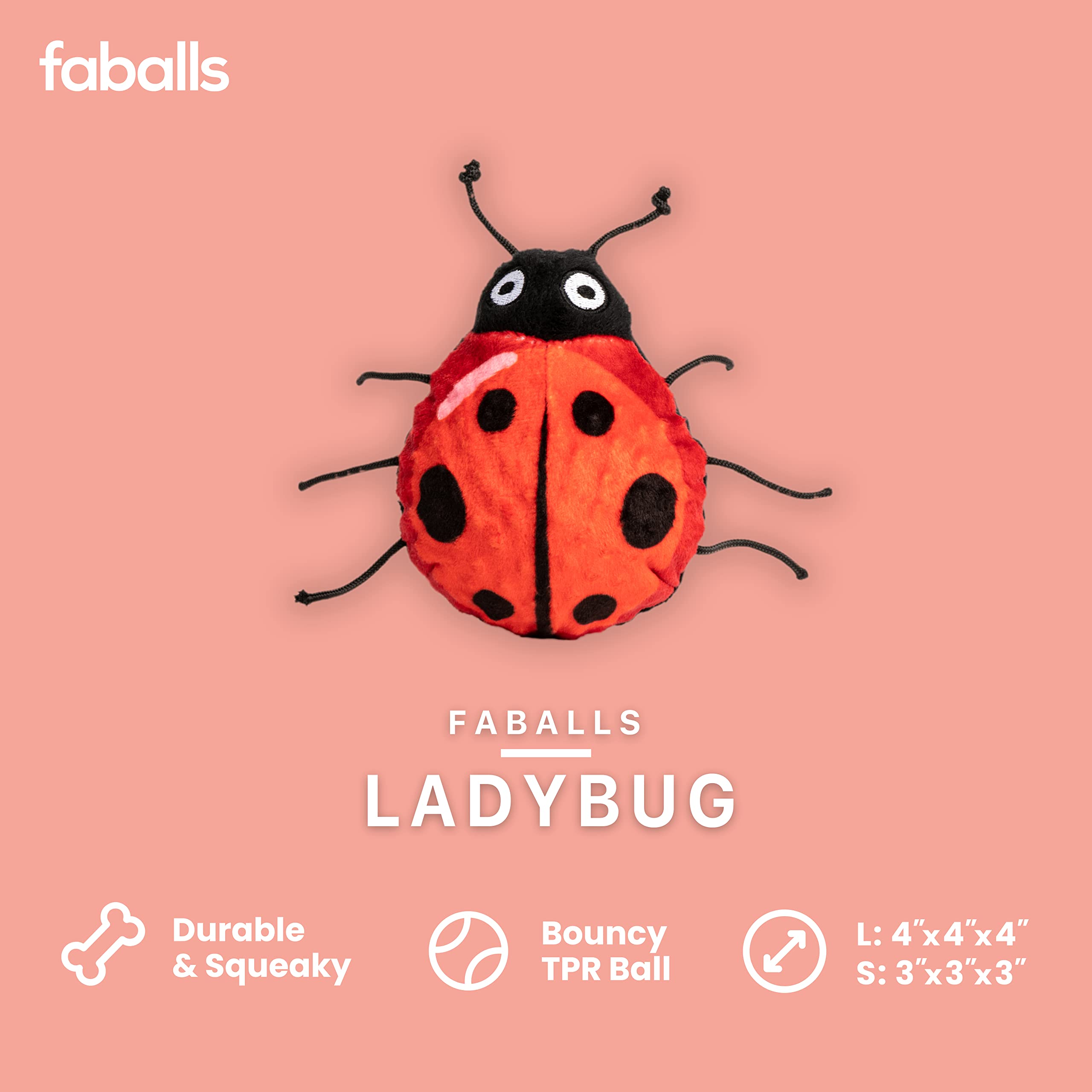 Fabdog Faballs Dog Ball Toys - Super Squeaky Durable Dog Toys For All Breeds - Plush Dog Squeak Toy Balls | Animal-Themed Plush Toys | Large Lady Bug