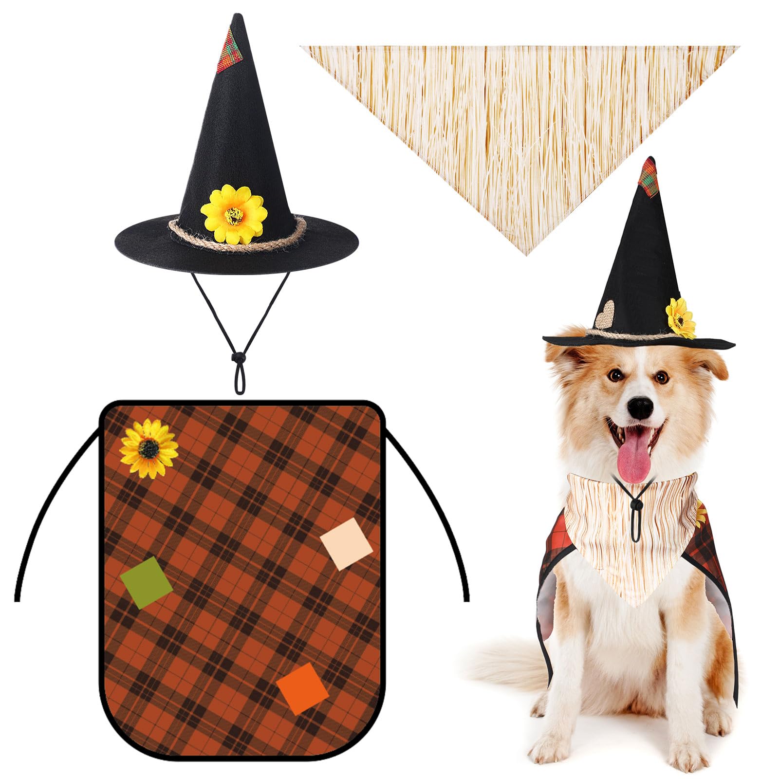 Sunnymove 3 Pcs Dog Halloween Costume Set Includes 1 Scarecrow Hat, 1 Straw Dog Bandana, 1 Puppy Cape Halloween Pet Role-Play Ou
