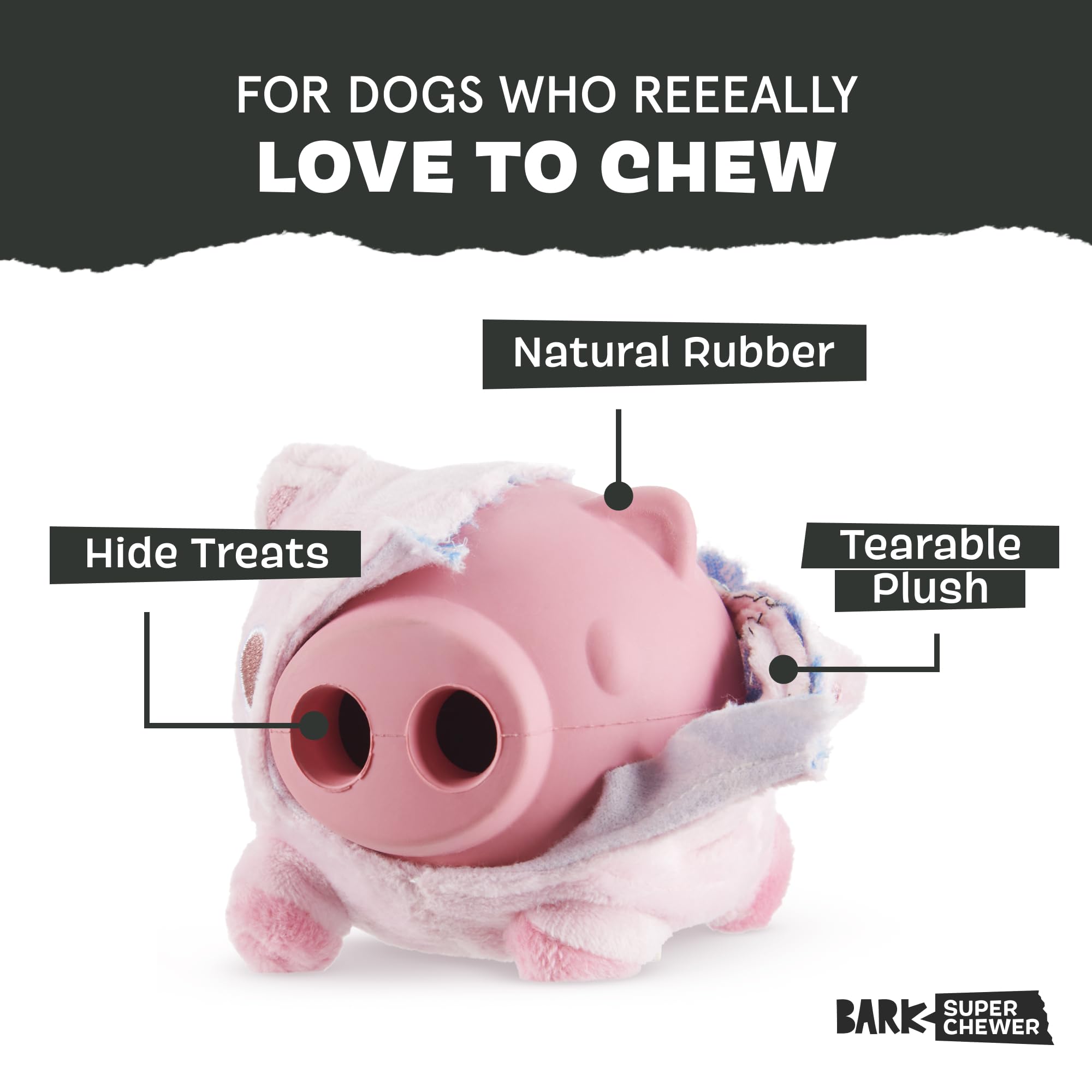 Barkbox Hambone Super Chewer Tough Dog Chew Toy For Aggressive Chewers, Plush Cover With Rubber Core - 2 Toys In 1 - Two Layer T