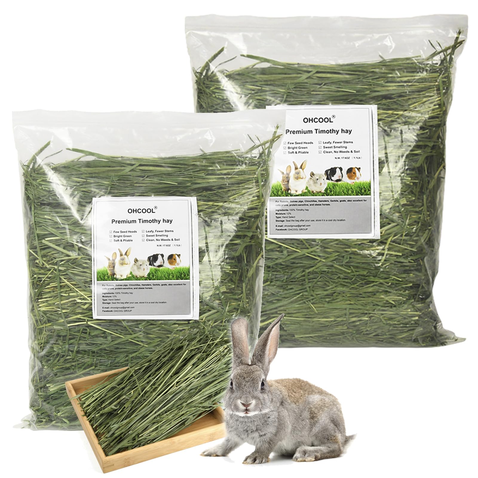 Ohcool Timothy Hay 2.2LBS - Premium Hay for Rabbits Tortoise Guinea Pig Chinchilla - Dust Free Natural Fresh Hay (1.1 lbs, 2 Pac