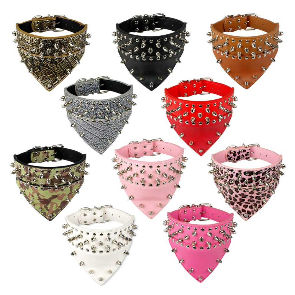 Dogs Kingdom 20-26 Length Triangle Collar Design Spiked Silver Rivets Studded Leather Dog Collar Heavy Duty for Medium Large Bre