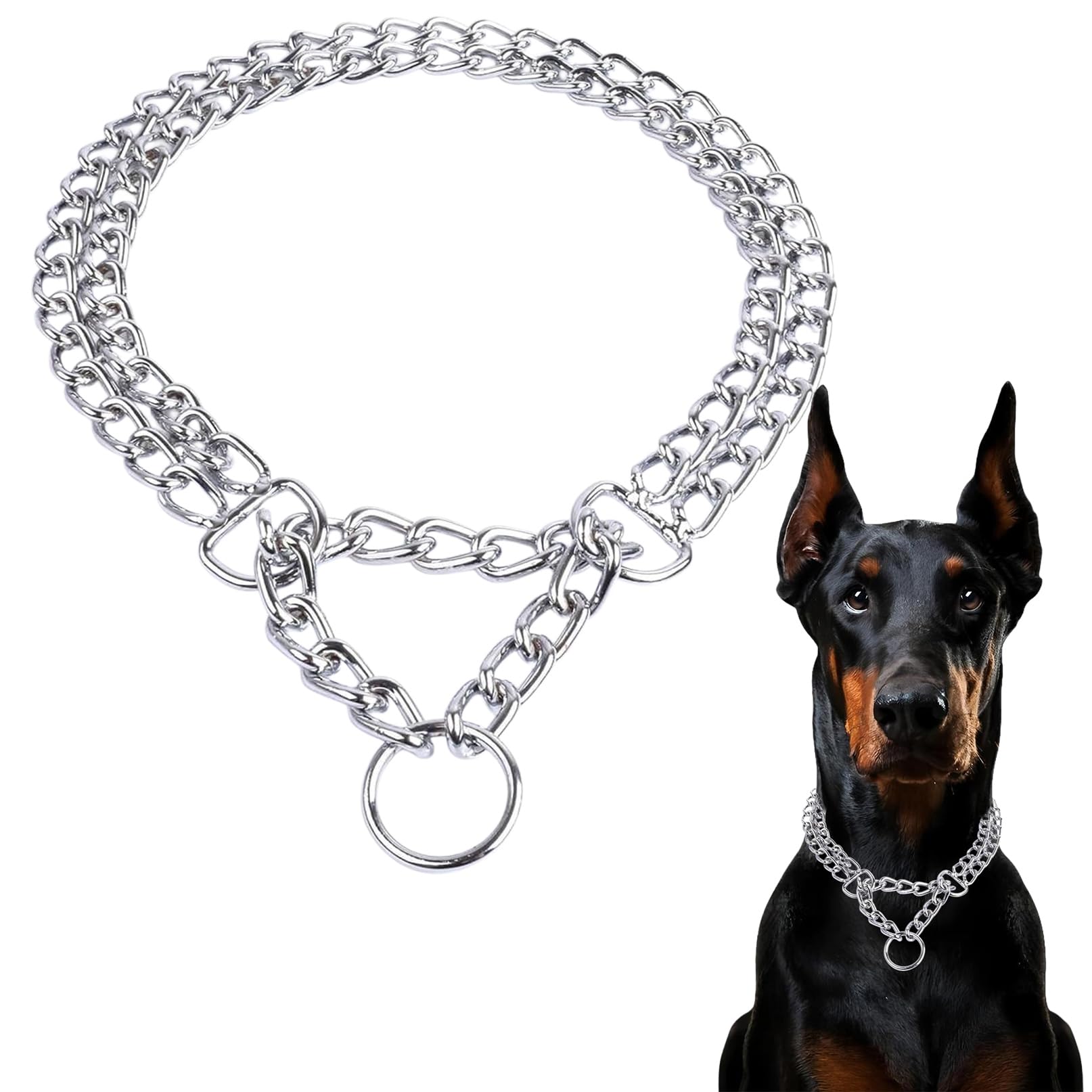 Silver Dog Chain Collar, Double Row Martingale Chain Dog Collars, Chew Proof Metal Cuban Link Dog Collar Adjustable For Small Me