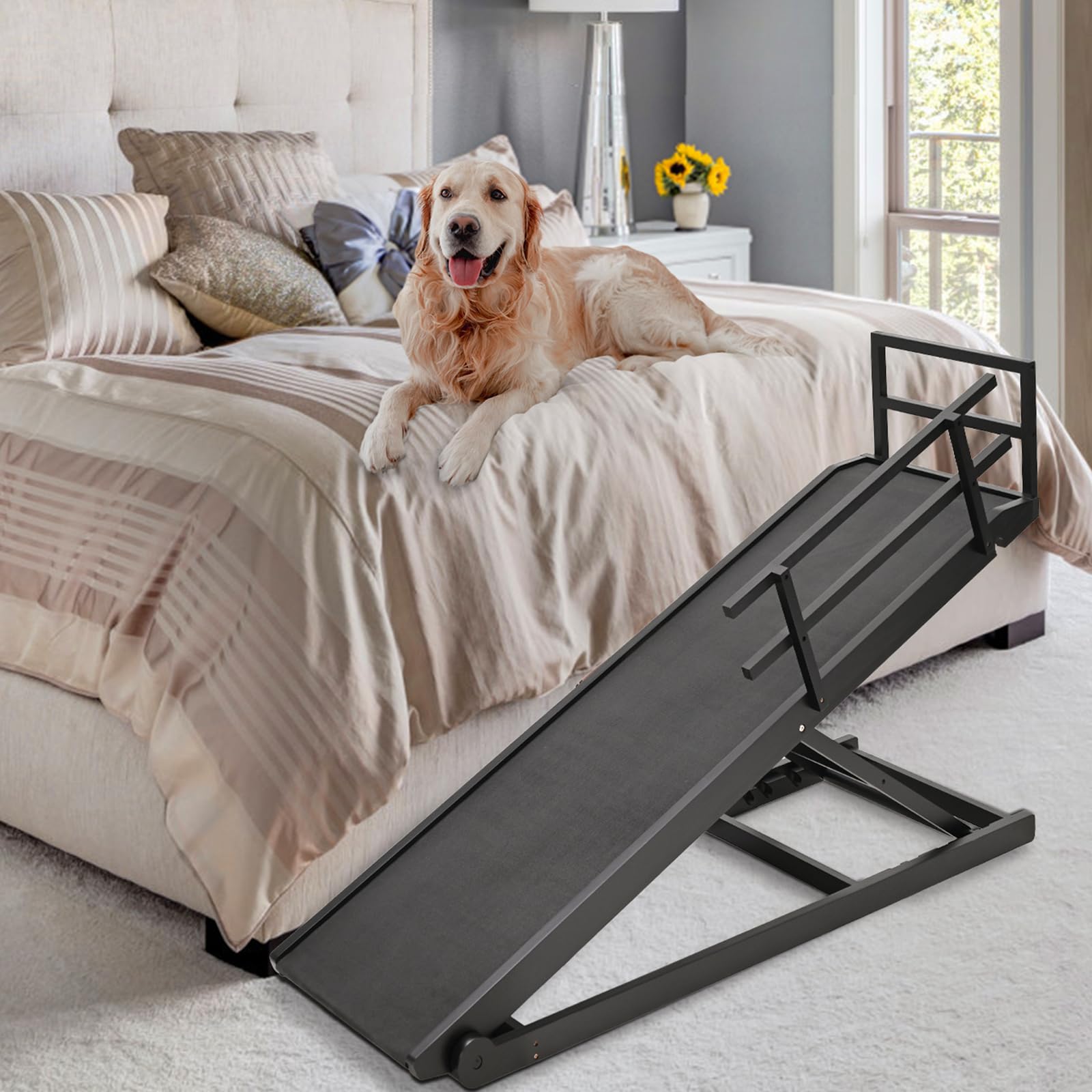 Slsy Foldable And Portable Dog Ramp, Rubber Mat High Traction Ramp For Small Pets, 5 Adjustable Levels, 55'' Long For High Bed, 