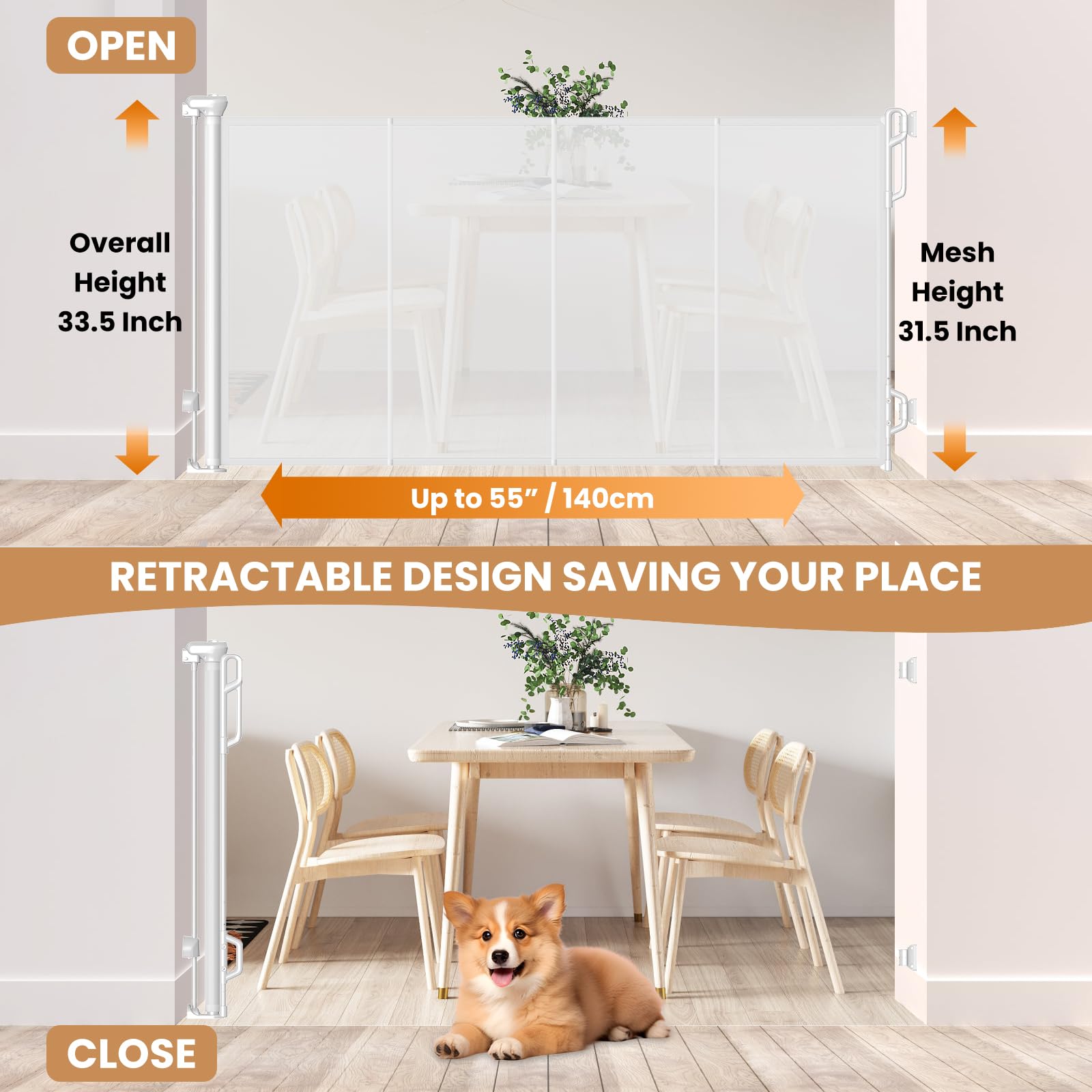 SPACEANY Baby Gate - Reinforced Retractable Mesh Dog Gate, 33.5" Tall, 55" Wide, Easy to Use, White, Model BG04