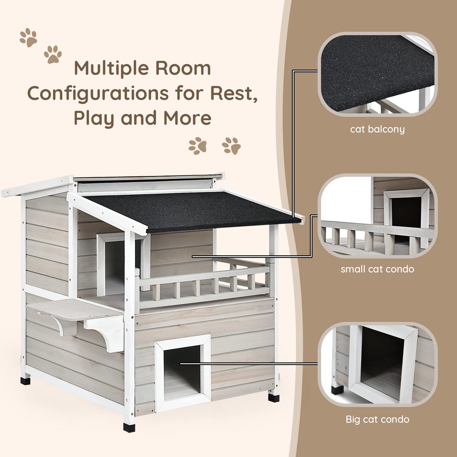Petsite 2-Story Outdoor Cat House Weatherproof, Wooden Cat Shelter For Multiple Feral Cats
