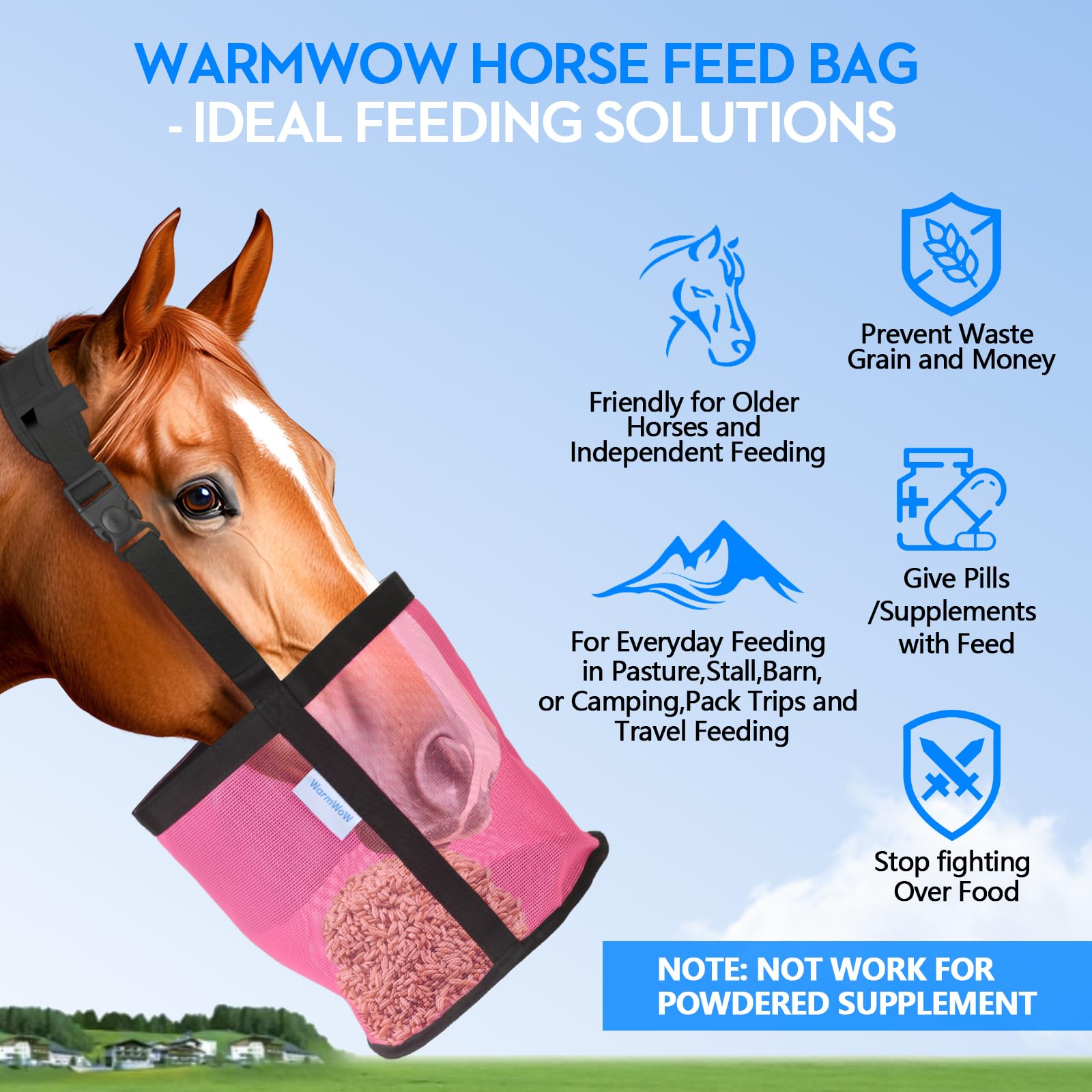 WARMWOW Horse Feed Bag Pack of 2, Feed Bags for Horses with Ventilation Mesh, Comfort Nose Pad Neck Pad, Adjustable Strap, Spill
