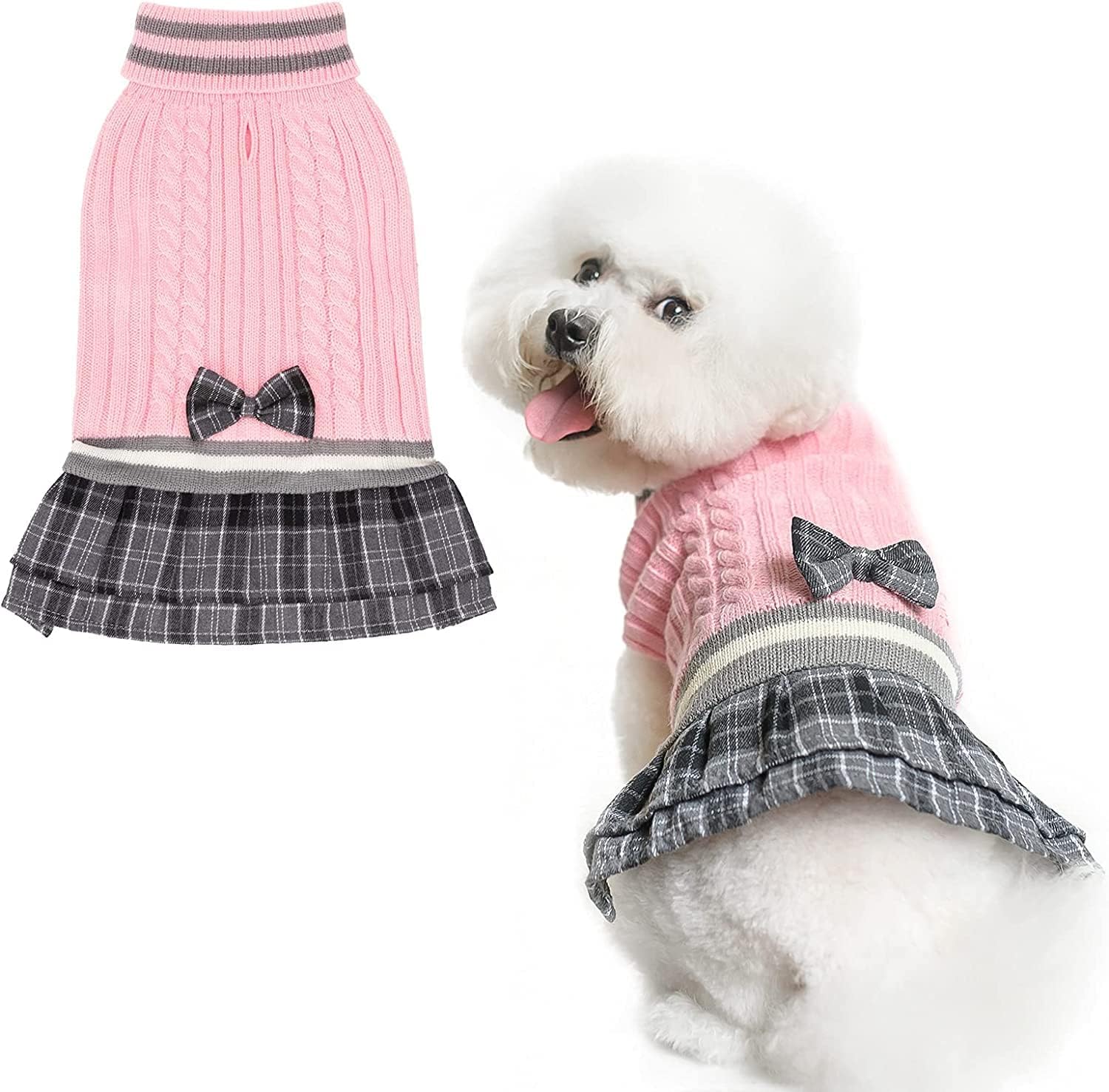Pawchie Dog Sweater Dress With Bowtie - Dog Turtleneck Pullover Knitwear For Small Dogs Girls Cold Weather Sweater With Leash Ho
