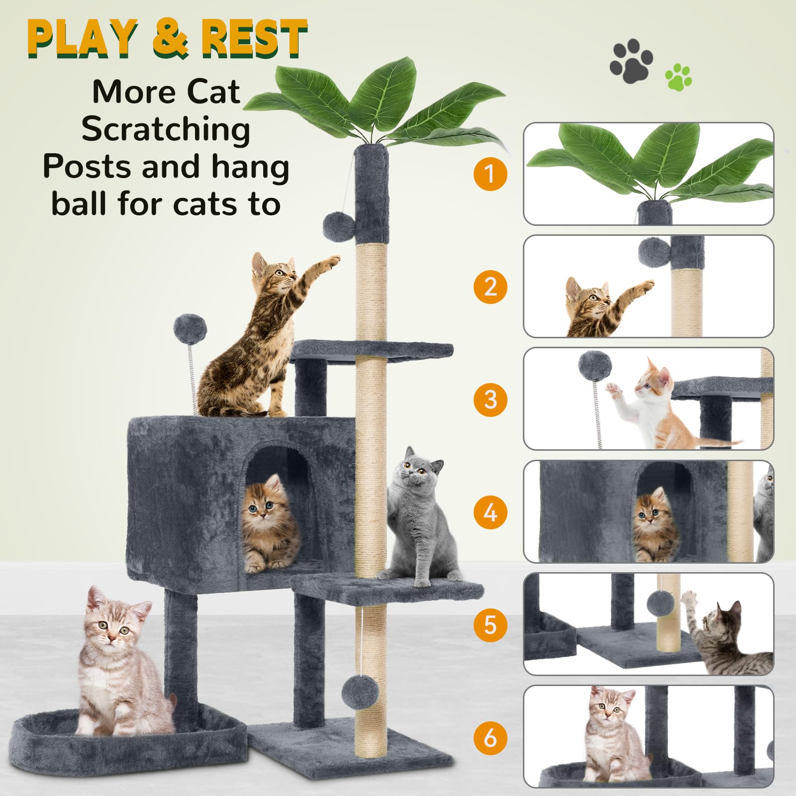 TSCOMON 52 Cat Tree Cat Tower for Indoor Cats with Green Leaves, Multi-Level Cozy Plush Cat Condo Cat House Scratching Posts for