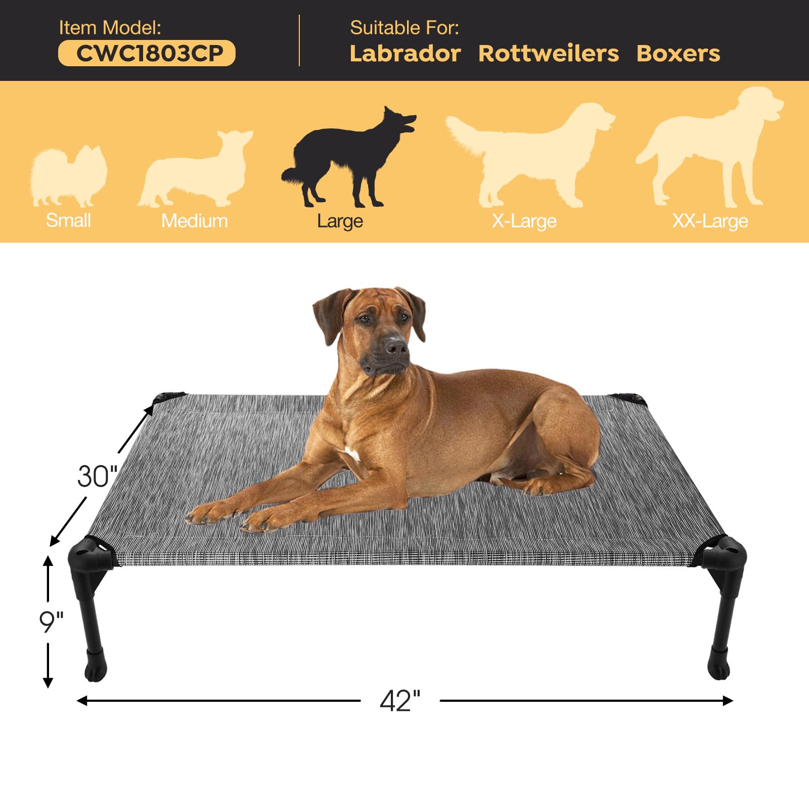 Veehoo Elevated Dog Bed, Portable Raised Cot, 42"x30"x7", Washable Mesh, Black Silver, Model CWC1803-L, Durable Indoor/Outdoor Use