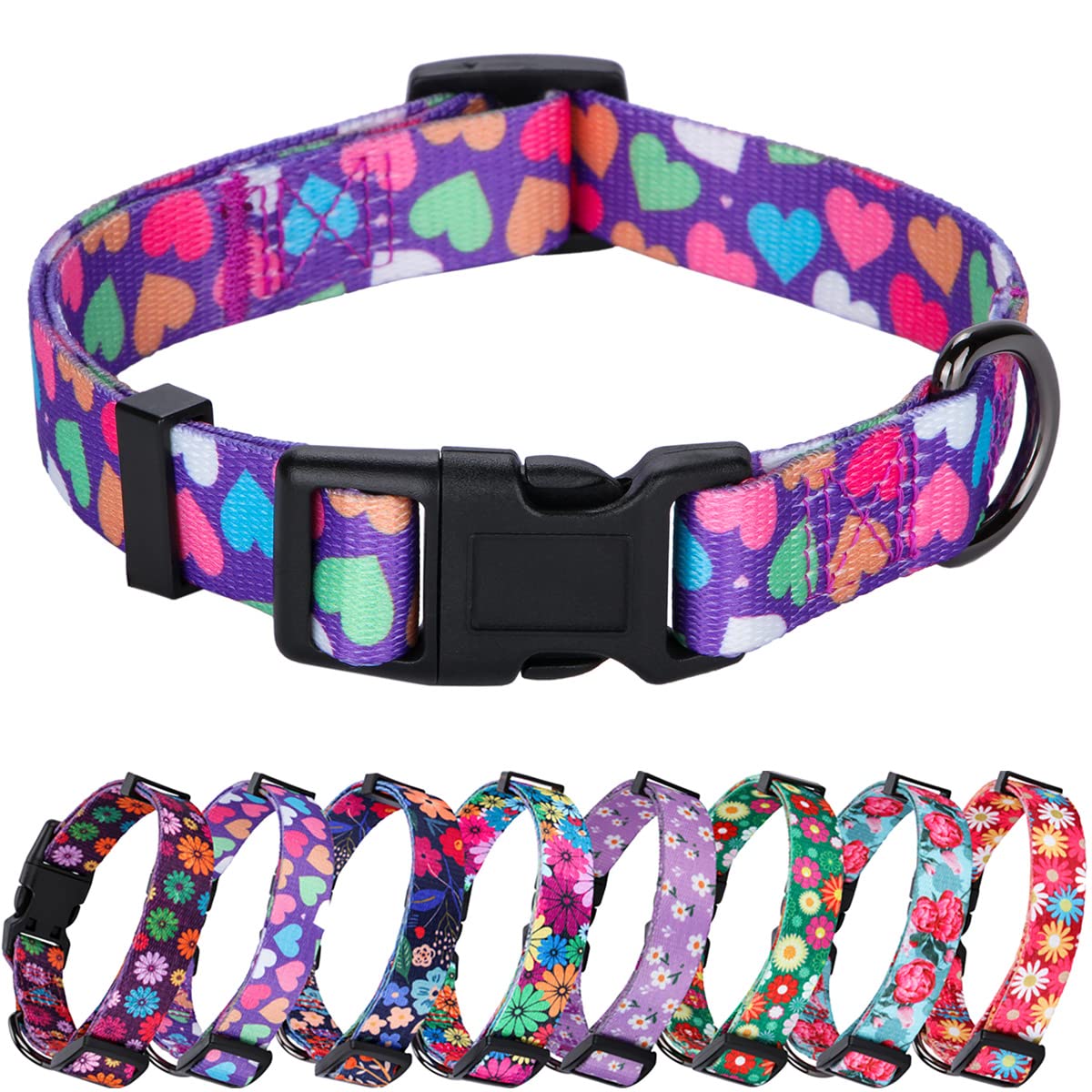 Rhea Rose Girl Dog Collars Spring Cute Heart Pattern Lovely Print Purple For Small Dogs