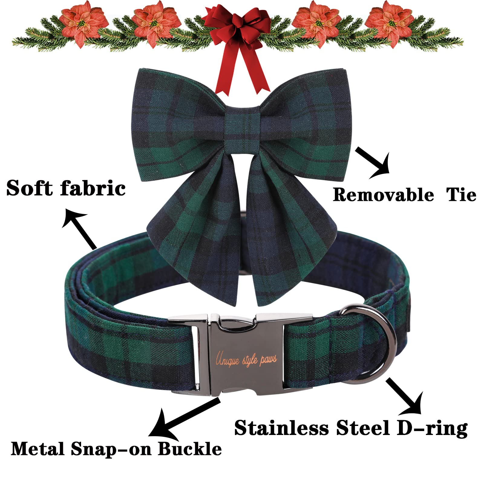 Unique Style Paws Christmas Dog Collar With Bow Tie Green Plaid Puppy Collar For Small Medium Large Dogs As Autumn Winter Pet Gifts-L