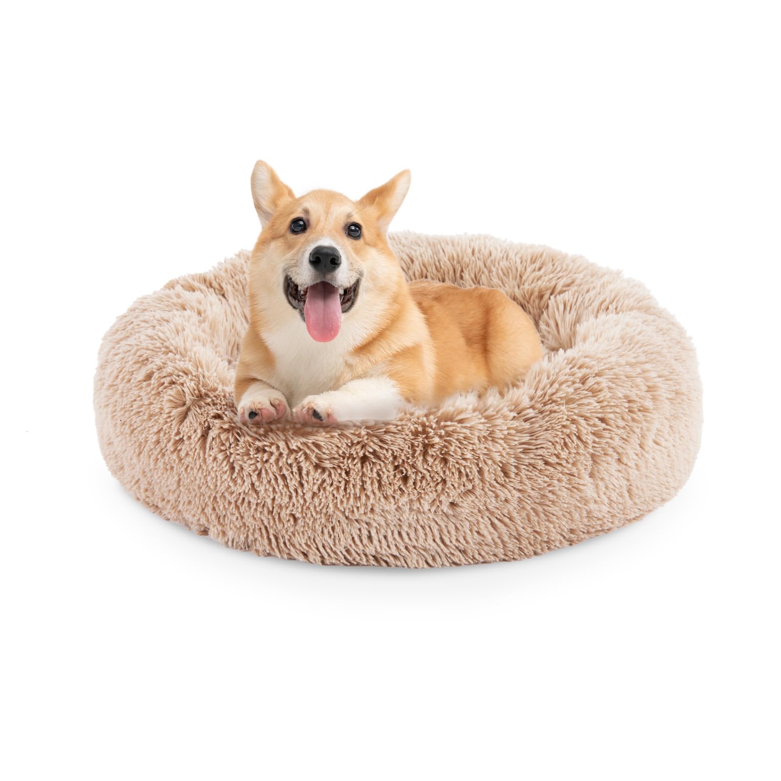 Fluffydream 30 Inch Calming Donut Bed For Dogs And Cats, Brown Washable Plush Fur Cuddle Bed