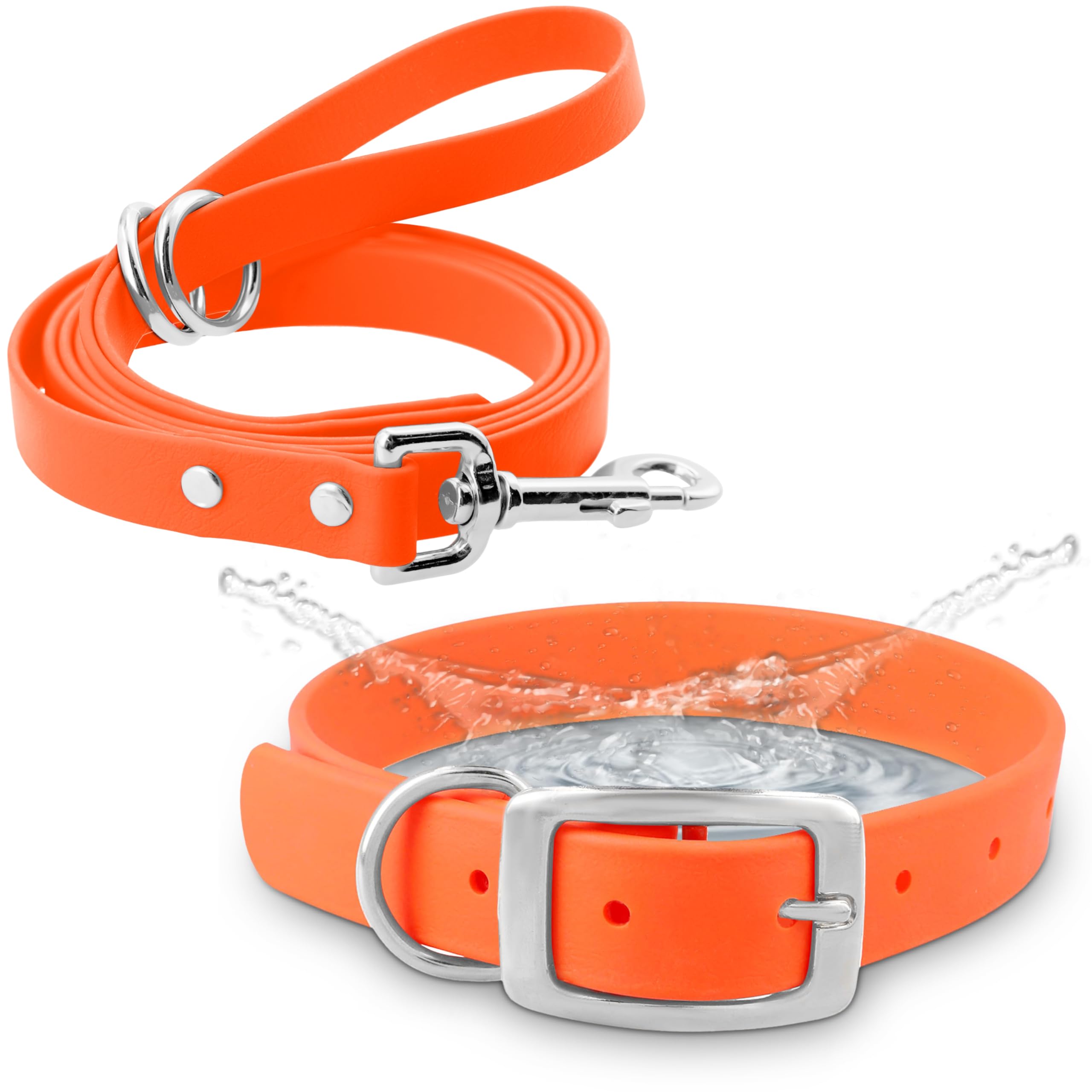 Regal Dog Products Small Orange Waterproof Dog Collar and Leash Set | Heavy Duty Double Buckle & D Ring - 5'ft Leash | Adjustabl