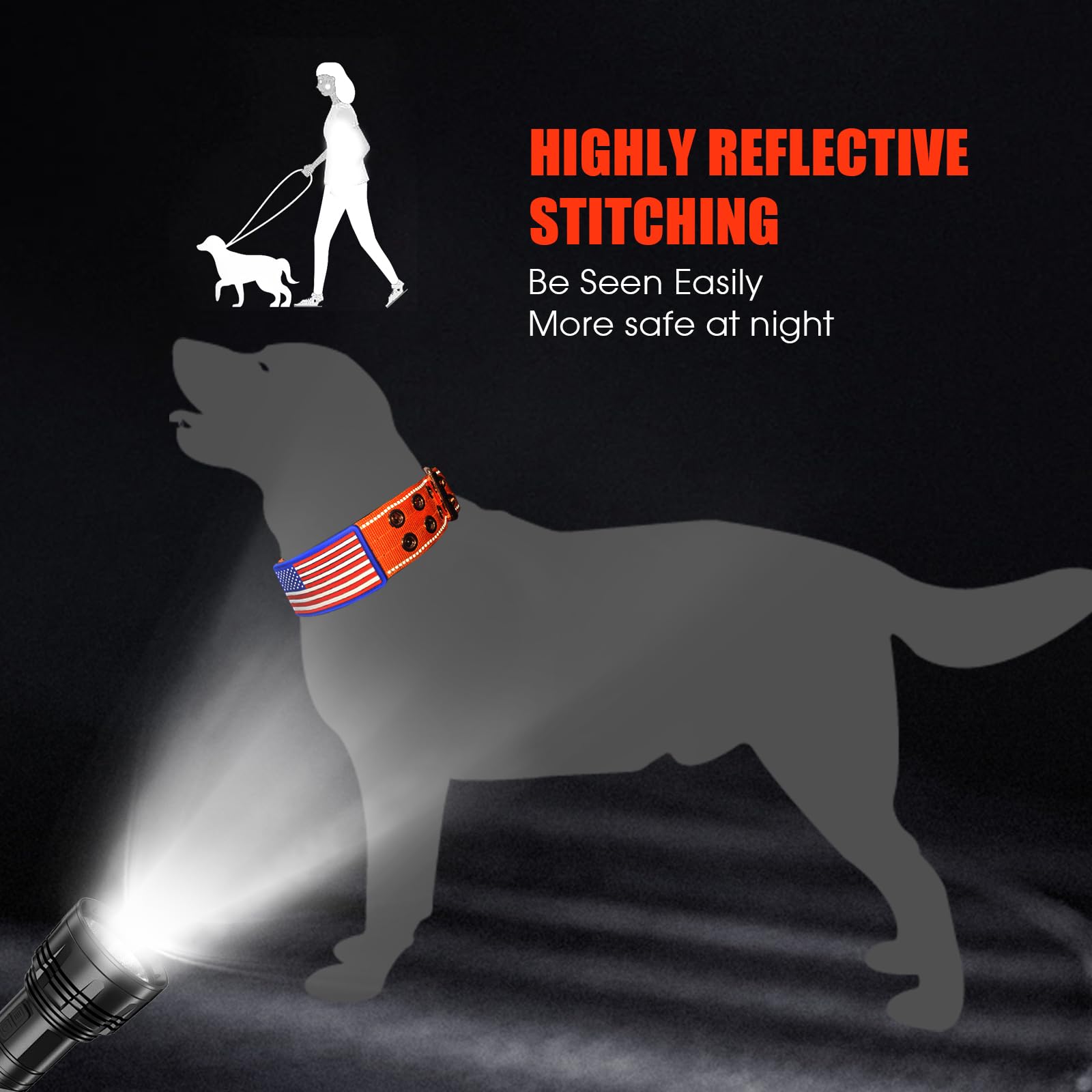 Yunleparks Heavy Duty Tactical Dog Collar With Neoprene Padded And Metal Buckle, Reflective Nylon For Medium To Large Dogs(Orang