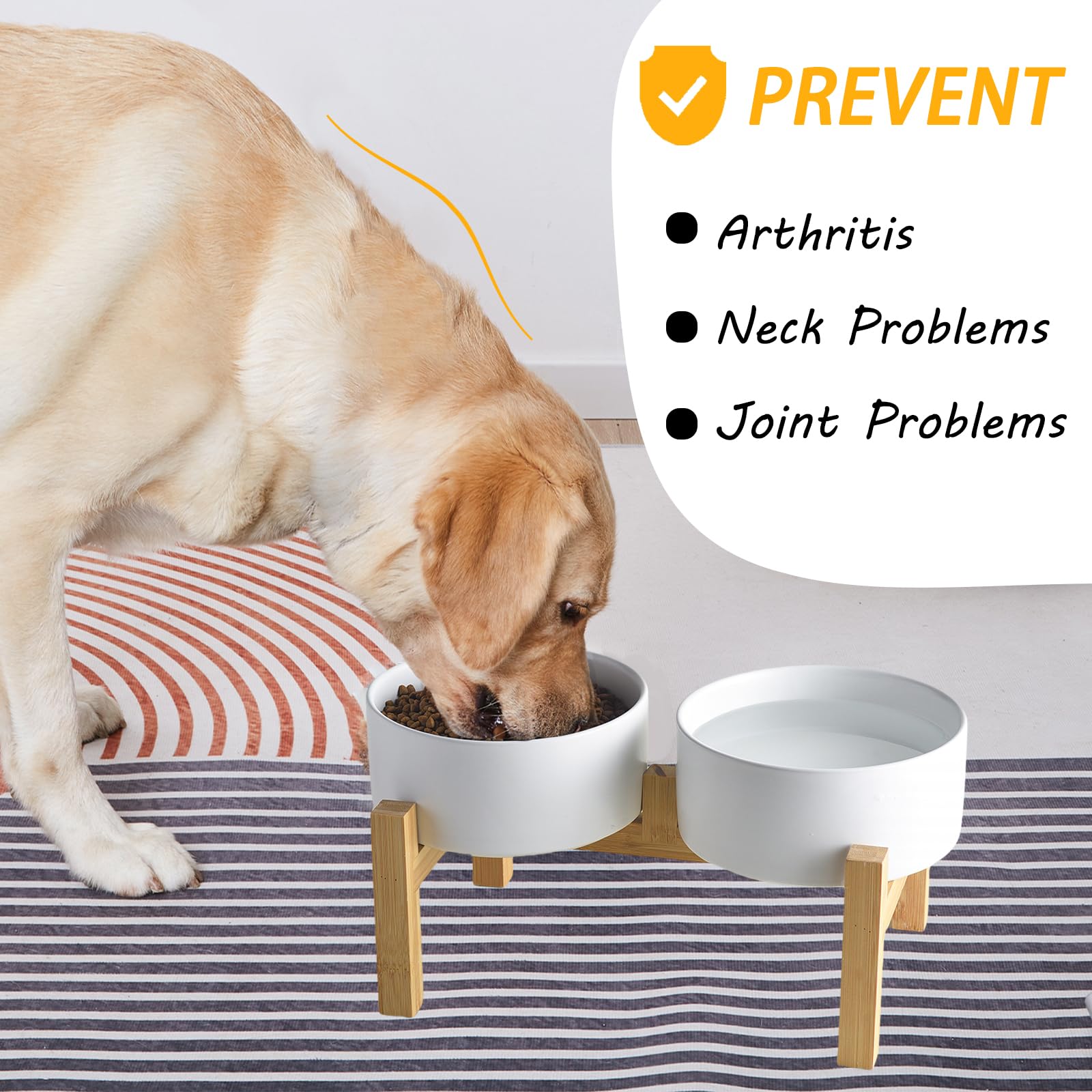 Welloyed Elevated Ceramic Dog Bowl Set - Raised Dog Bowls with Non Slip Bamboo Stand, Food and Water Bowl Set for Kitty, Cats an