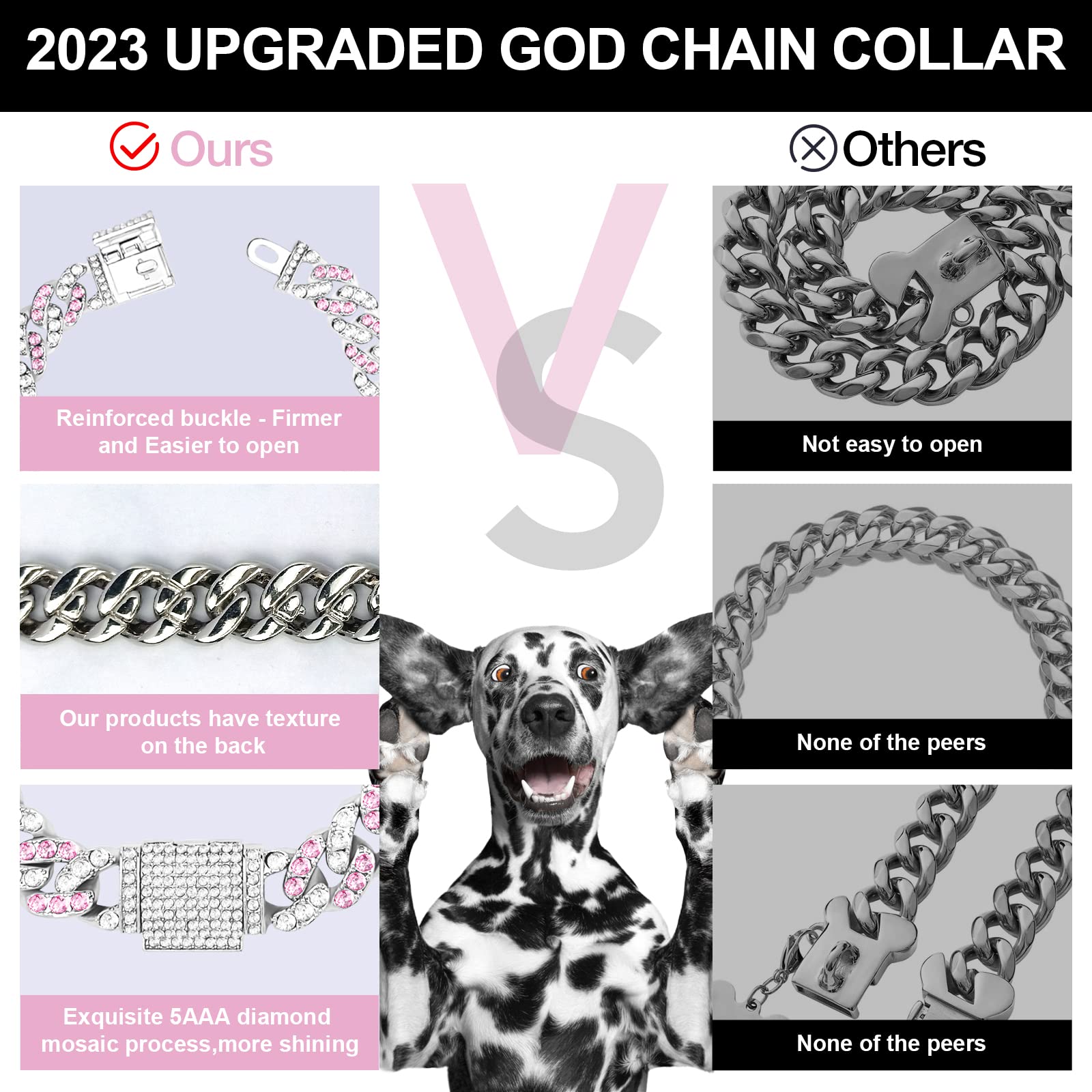Wimupath Silver-Plated Pink Diamond Dog Collar - Cuban Style Metal Chain With Secure Buckle, Luxury Durable Collar For Small/Med