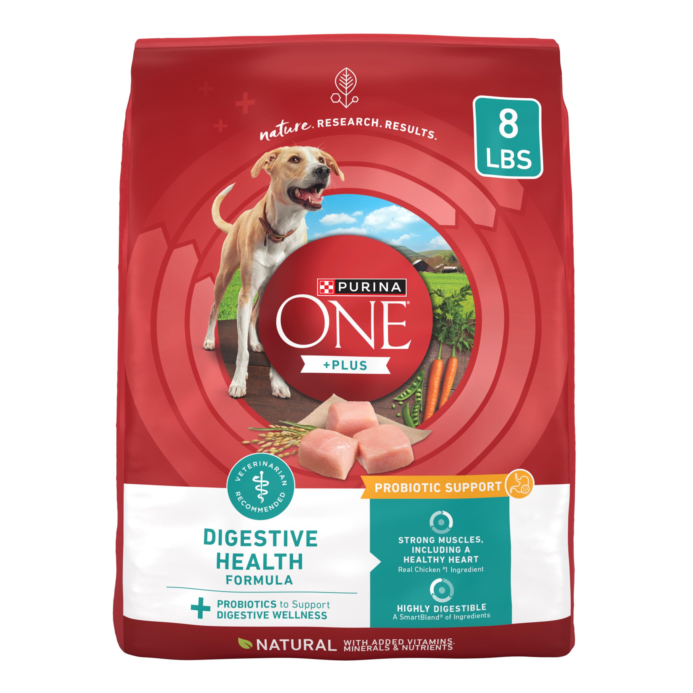 Purina One Plus Digestive Health Formula Dry Dog Food Natural with Added Vitamins, Minerals and Nutrients - (Pack of 4) 8 lb. Ba