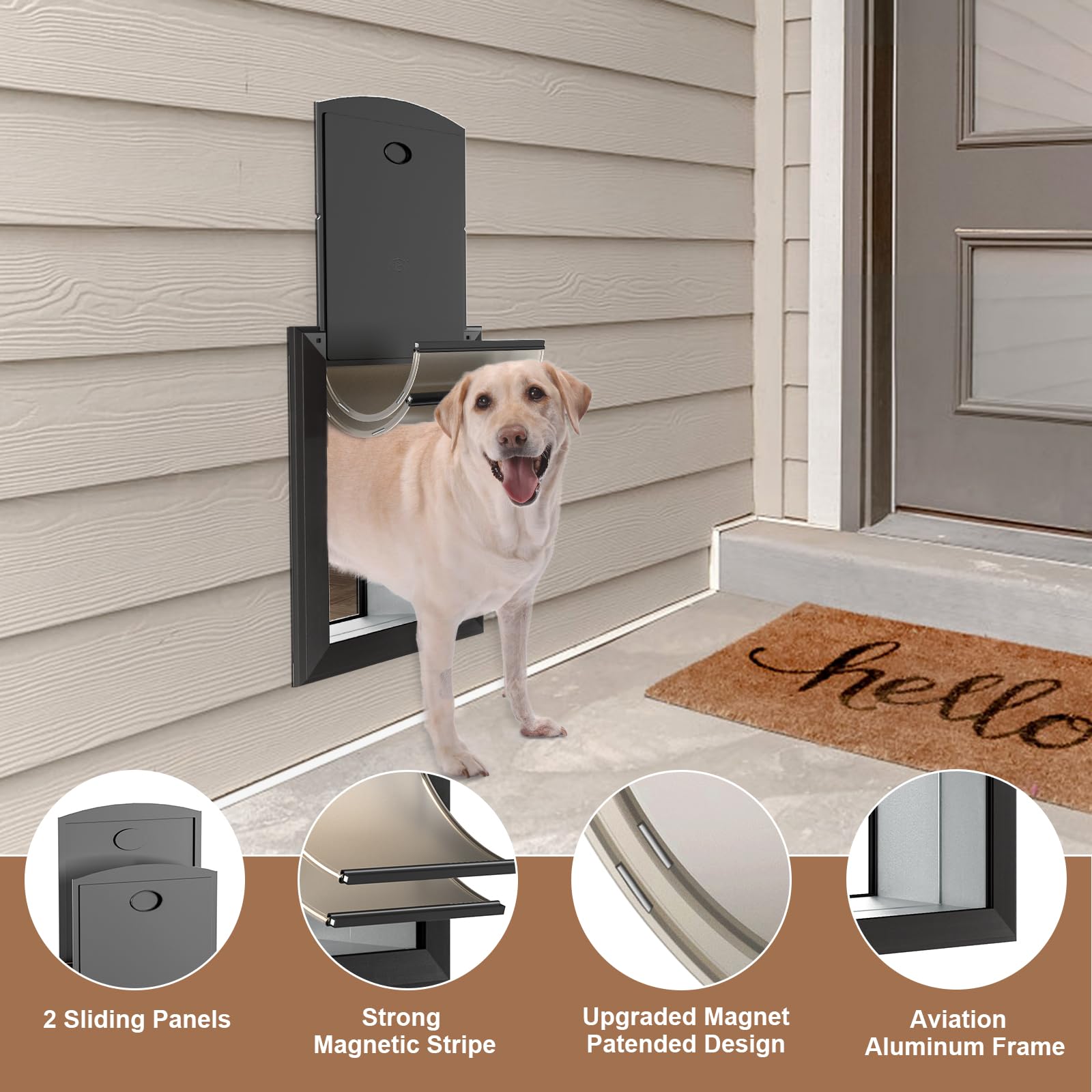 Sammak Large Dog Door - Heavy Duty Aluminum Frame, Telescoping Tunnel, Black, Up to 110lbs, Model Sammak-L