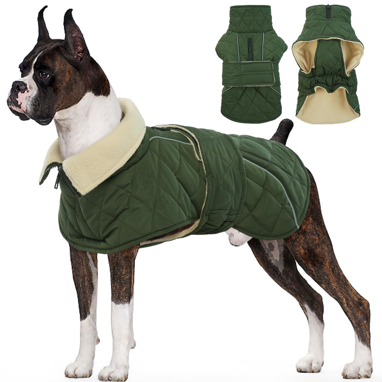 Kuoser Extra Warm Dog Jacket - Windproof Fleece Lined Turtleneck Snowsuit - Green, L