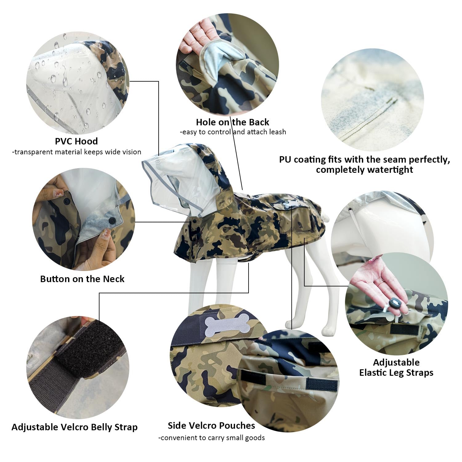 Waterproof Dog Raincoat, Adjustable Reflective Lightweight Pet Rain Clothes With Poncho Hood(X-Small,Camo)