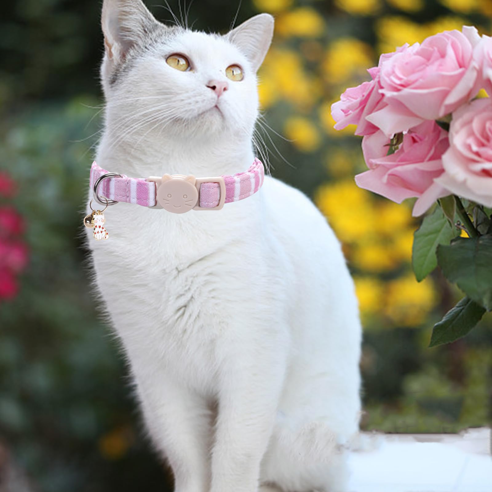 Elegant Little Tail 2 Pack Cat Collar-Pink Strip Cotton Breakaway Cat Collars With Bell Pendant Kitten Girl Safety Adjustable Co