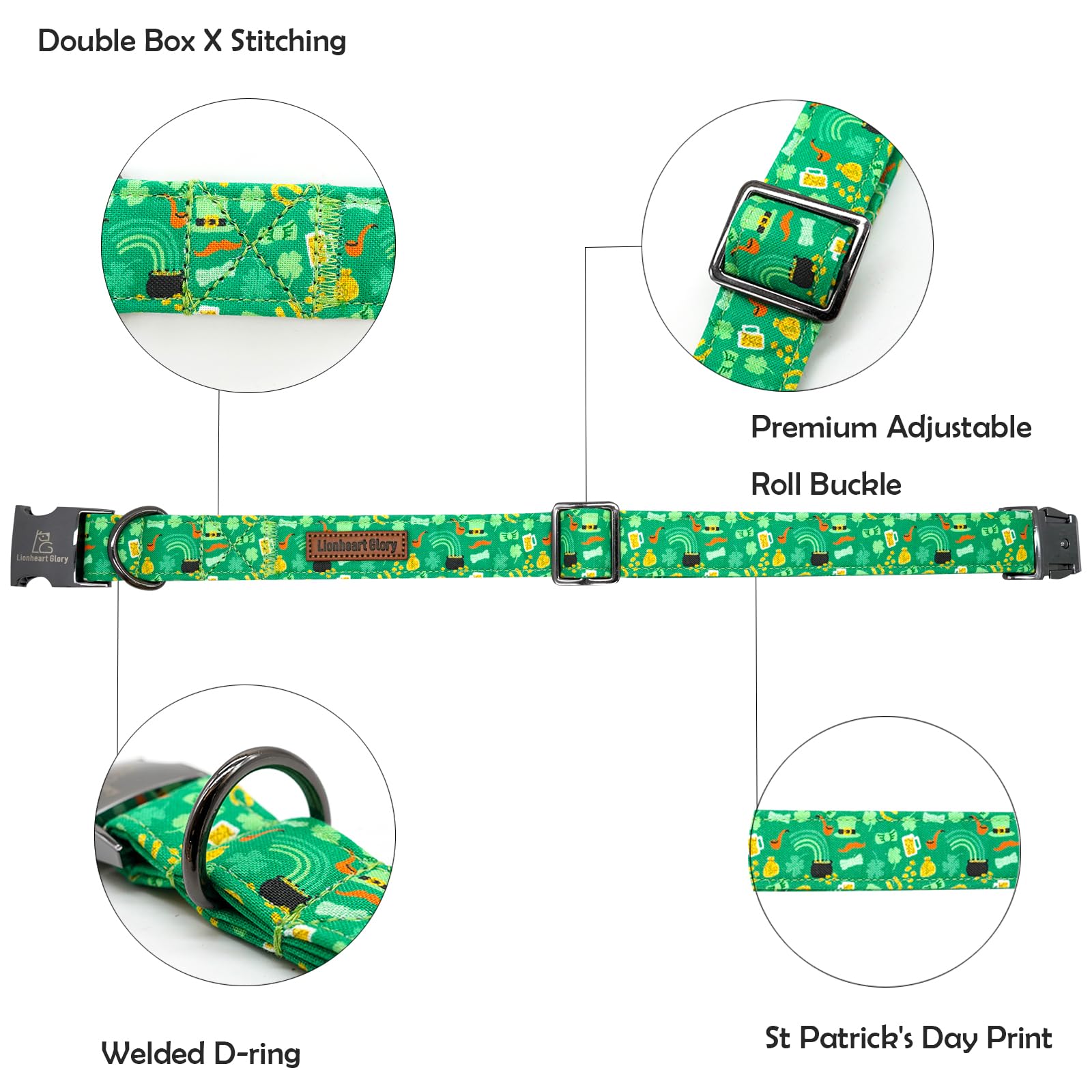 Lionheart Glory Dog Collar, Cotton, Lucky Clover & Beer, Adjustable, Xs-Xl, Handmade Bow, For Small Dogs