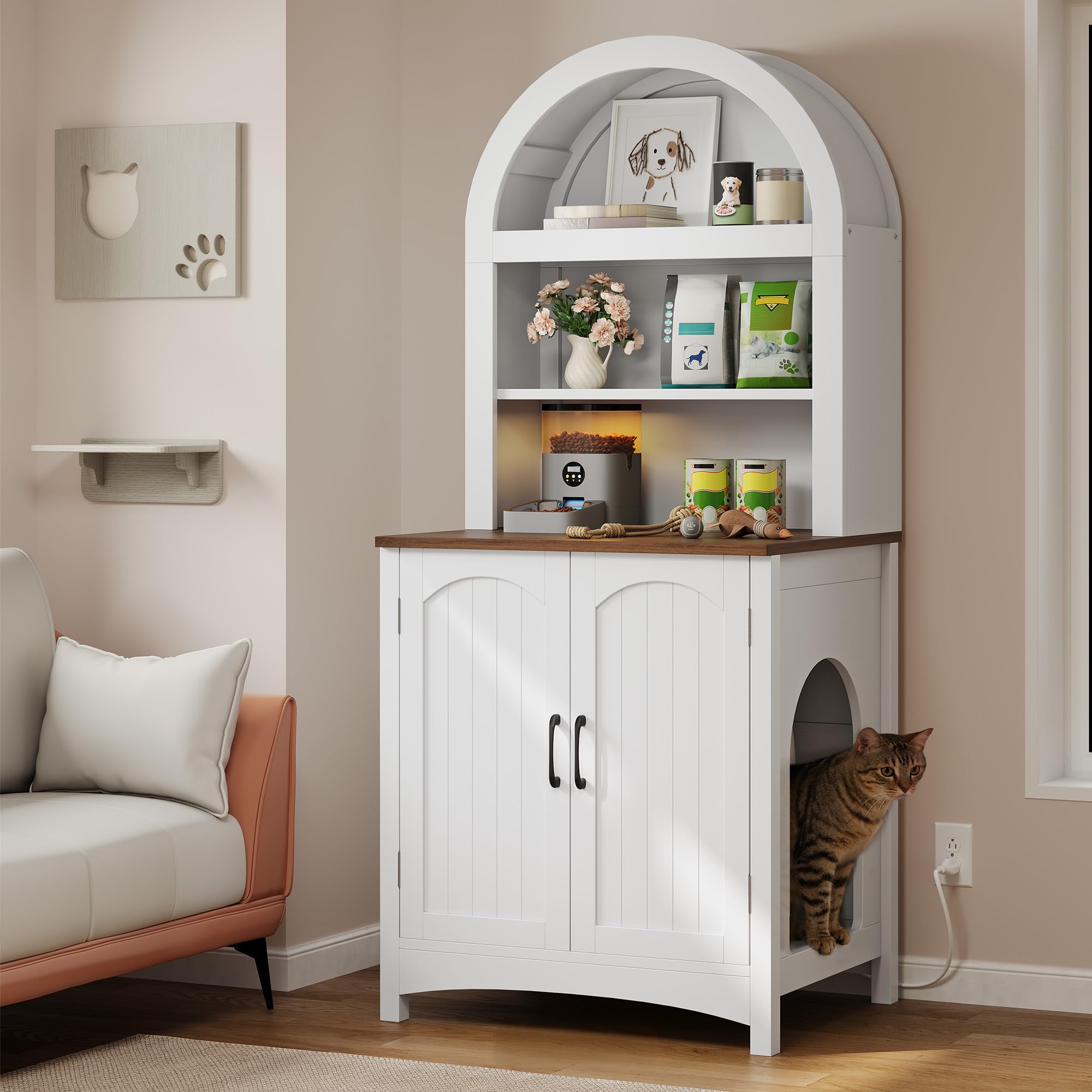 DWVO 70.8in Large Hidden Cat Litter Box Furniture with Shelves, High-Gloss Modern Litters Box Enclosure for Self-Cleaning Litter