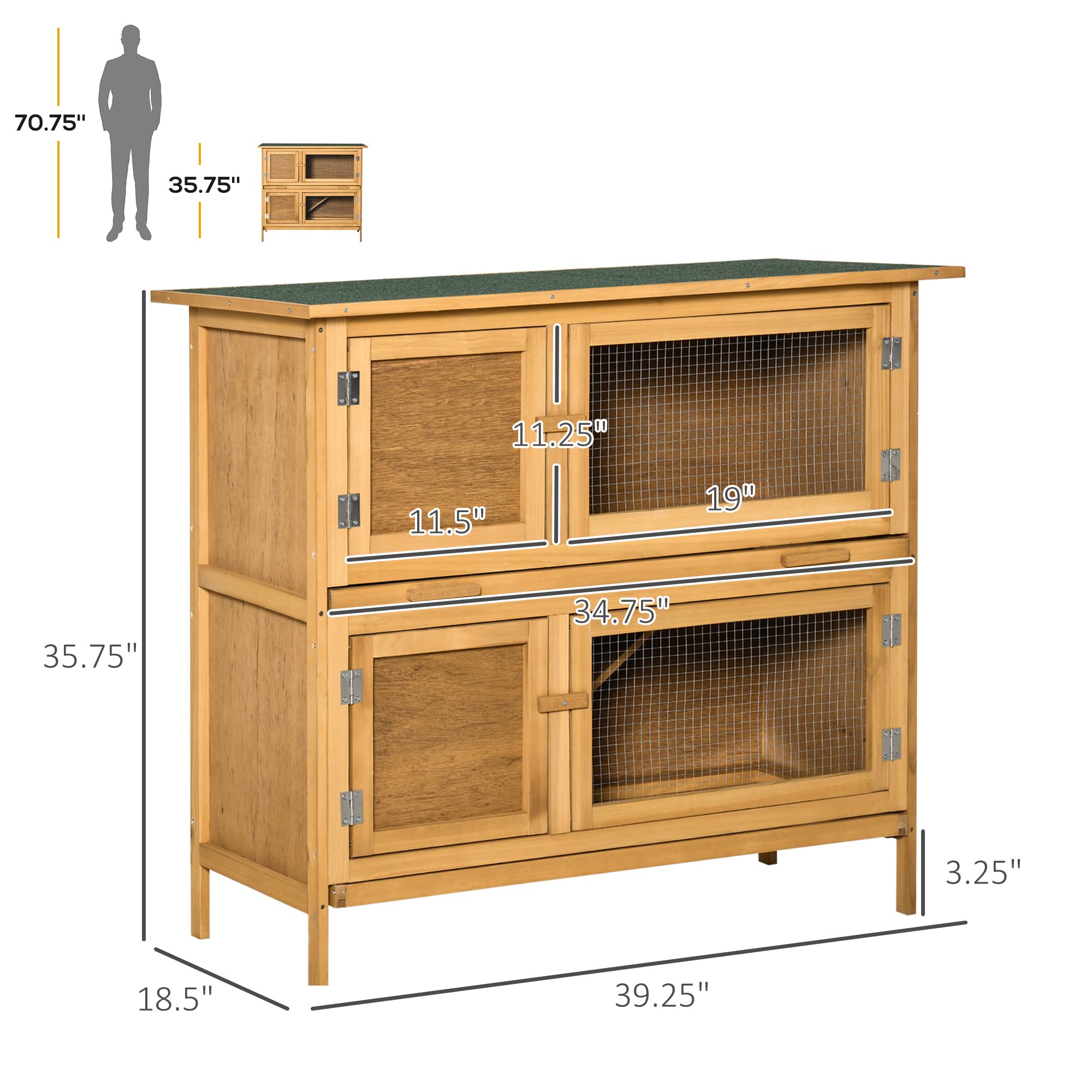 Pawhut Wooden Bunny Rabbit Hutch, Small Animal Habitat With Ramp, Removable Tray & Weatherproof Roof, Indoor/Outdoor, Yellow