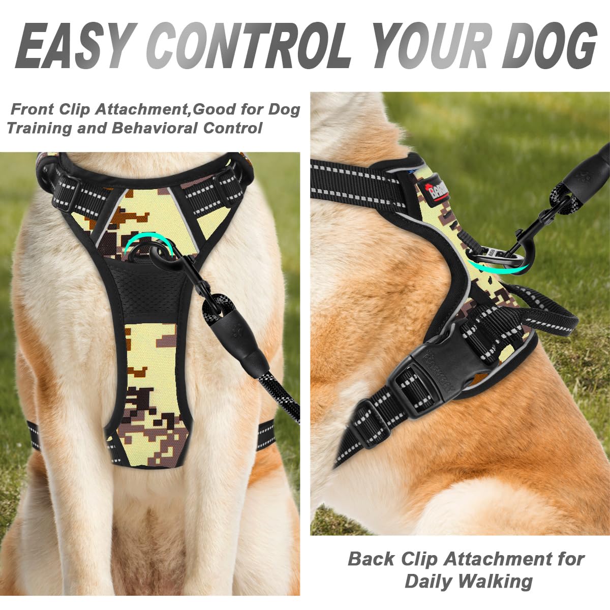 Barkbay No Pull Dog Harness Front Clip Heavy Duty Reflective Easy Control Handle For Large Dog Walking(Desert Camo,M)
