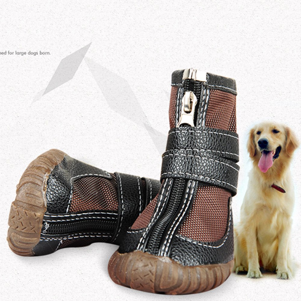 Large Big Dog Pu Leather Sport Shoes Winter Waterproof Pet Dog Puppy Martin Boots Non-Slip Pitbull Golden Retriever Rain Shoes (10(2.5X3.3 Inch)(Pack Of 4)), Brown