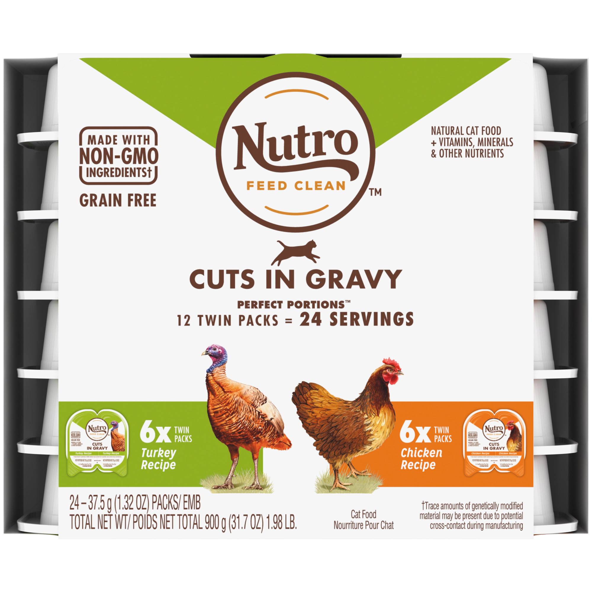 NUTRO Grain Free Natural Wet Cat Food Cuts in Gravy Turkey Recipe and Chicken Recipe Variety Pack, 2.64 oz. PERFECT PORTIONS Twi