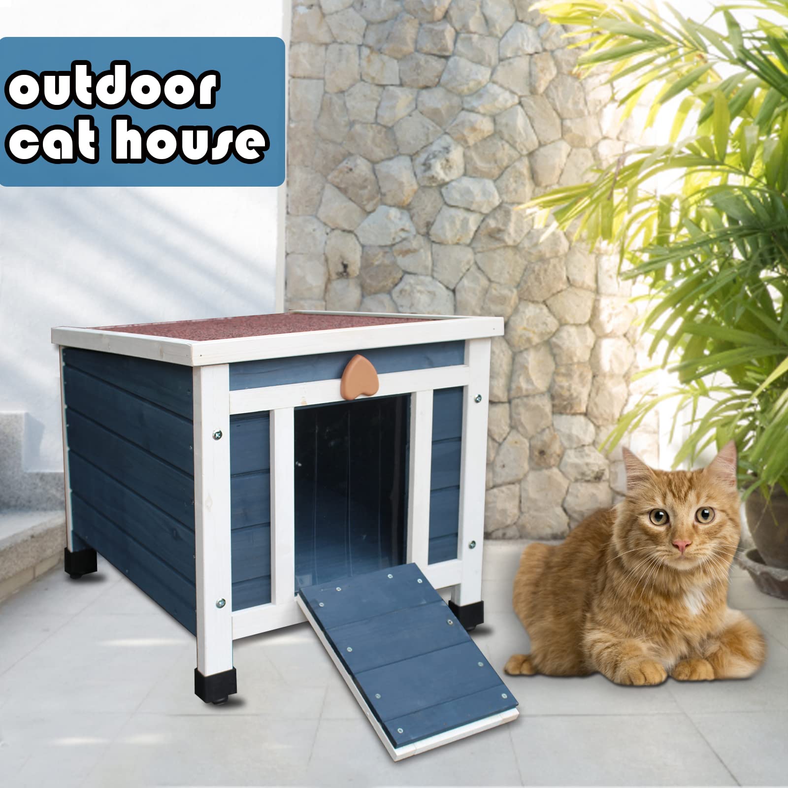 Rockever Outdoor Cat House - Weatherproof Wooden Pet Habitat for Feral Cats - Blue - Model 2025B